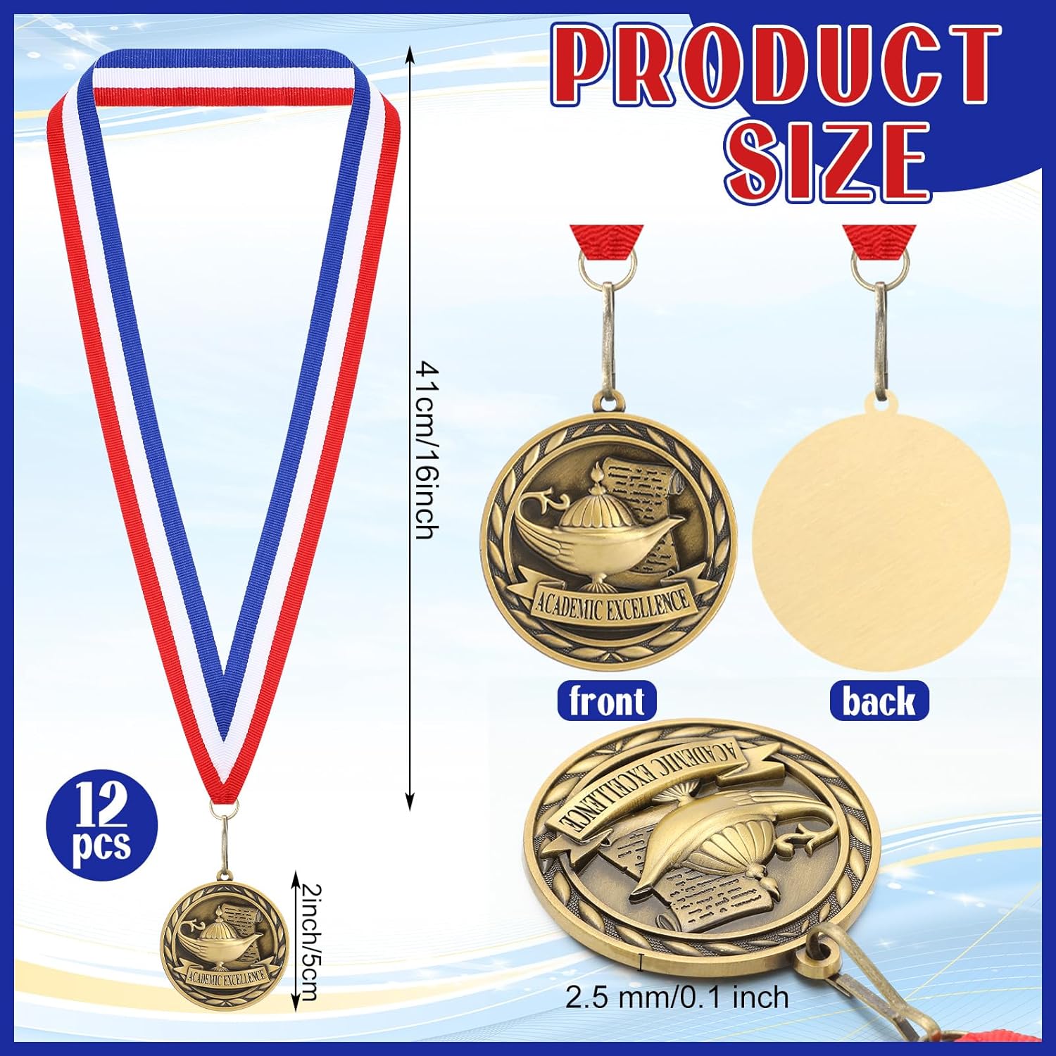 12 Pcs Academic Excellence Graduation Award Medals Bulk Scholastic Award Medals with Neck Ribbons Prize Gift for Tournaments Competitions Party