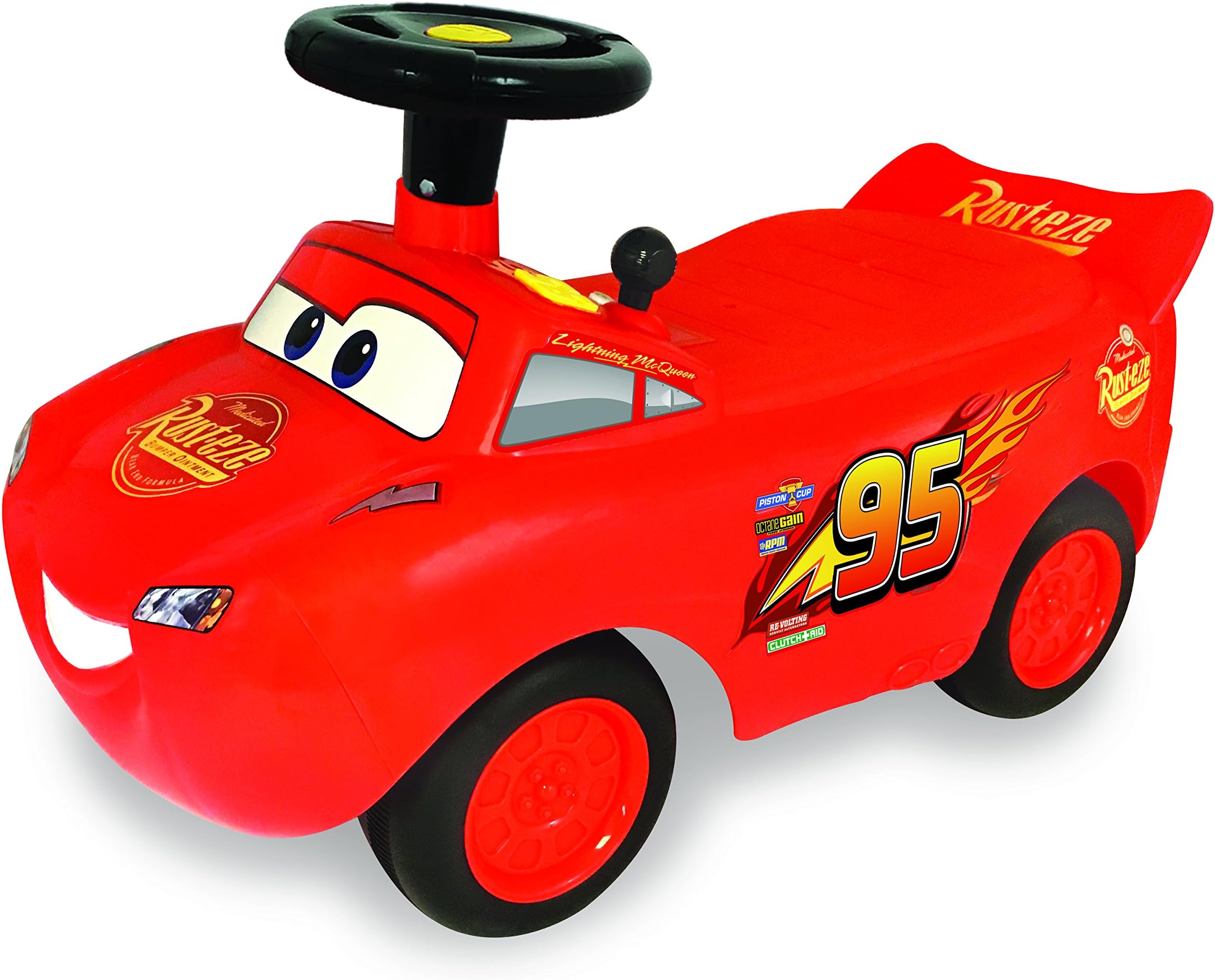Kiddieland Lightning McQueen Racer Ride-On Car for Toddlers, Engine Sounds, Music, Lights, Steering Wheel, Foot-to-Floor Push Toy, Ages 1-3, Large