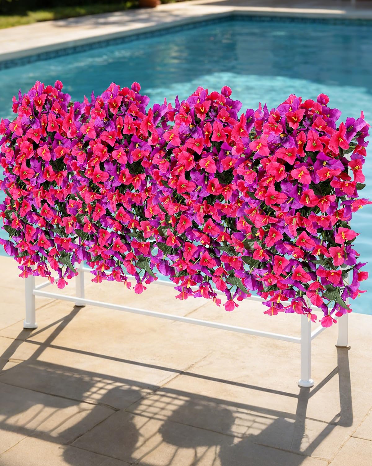 Artificial Flowers for Outdoors – 4 Bundles of UV-Resistant Artificial Bougainvillea, Realistic Silk Flowers for Front Porch, Patio, Garden, Window Boxes & Hanging Baskets (Purple& Hot Pink, 4)