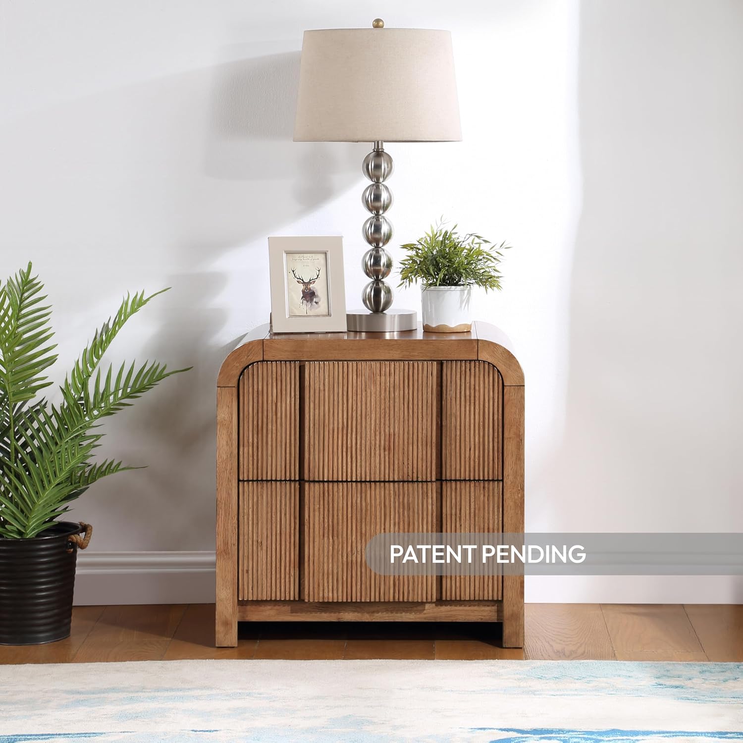 Meridian Furniture 314Walnut-NS Fluted Collection Art Deco Night Stand with Solid Wood Rich Walnut Finish, Fluted Drawer Fronts, Arched Shape, 26" W x 21" D x 26" H, Walnut