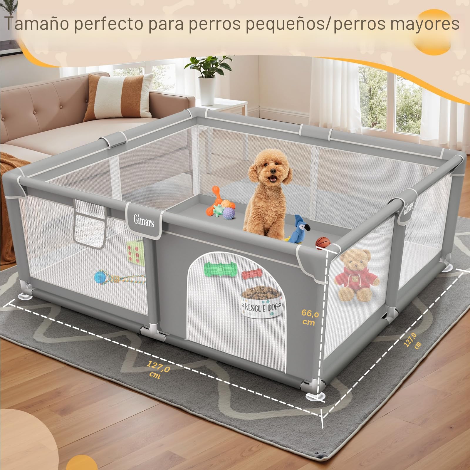 Gimars Grande Parque para Perros, 127 X 127 X 66 cm, con Puerta, Parque Resistente con Tela Gruesa Y Red De Nailon Resistente，para Cachorros O Perros Pequeño,Gris Claro