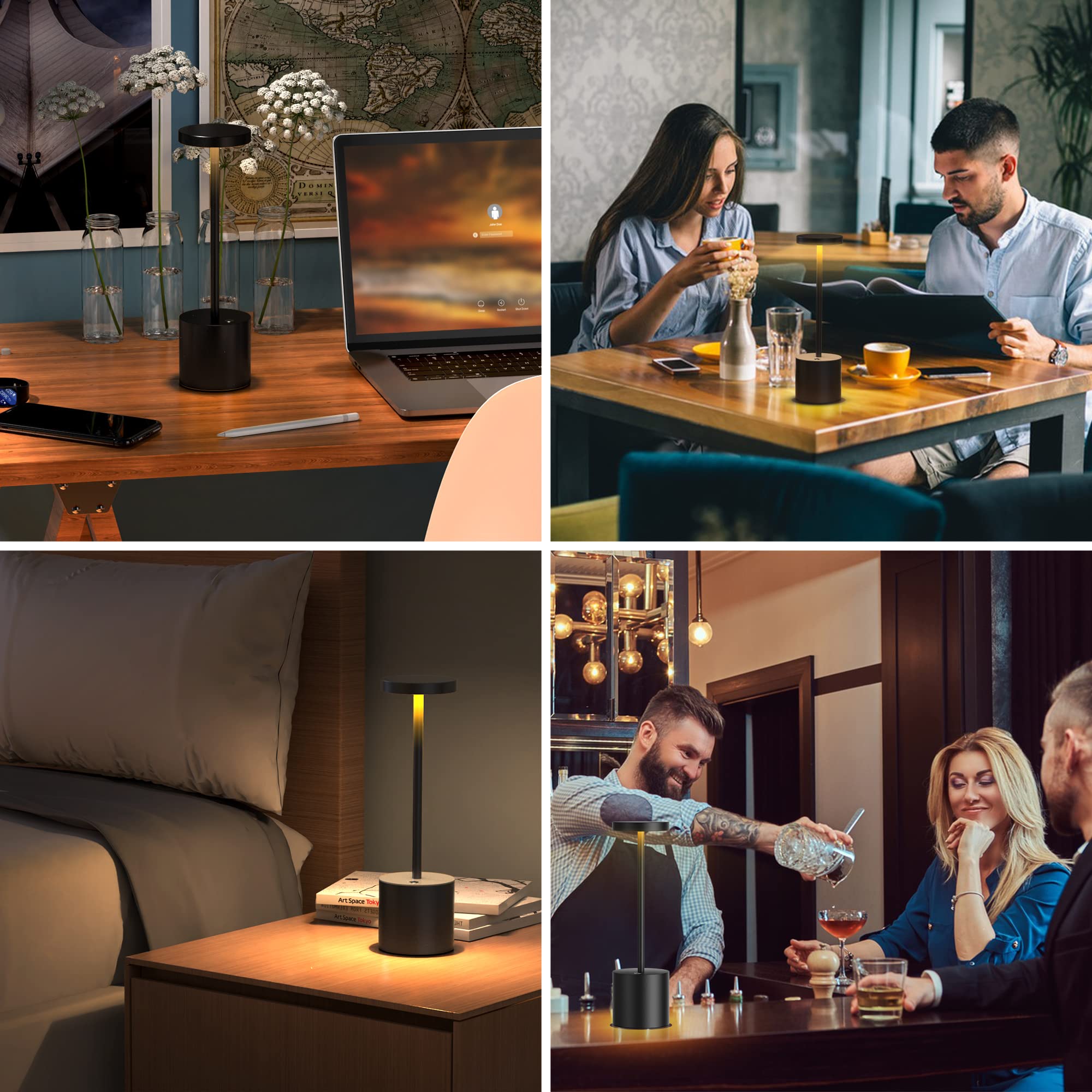 Lampada da tavolo senza fili, 5000 mAh, in metallo e alluminio, dimmerabile, lampada da tavolo, portatile, ricaricabile, USB, per interni ed esterni, sala da pranzo, bar, terrazza (2 Nero)
