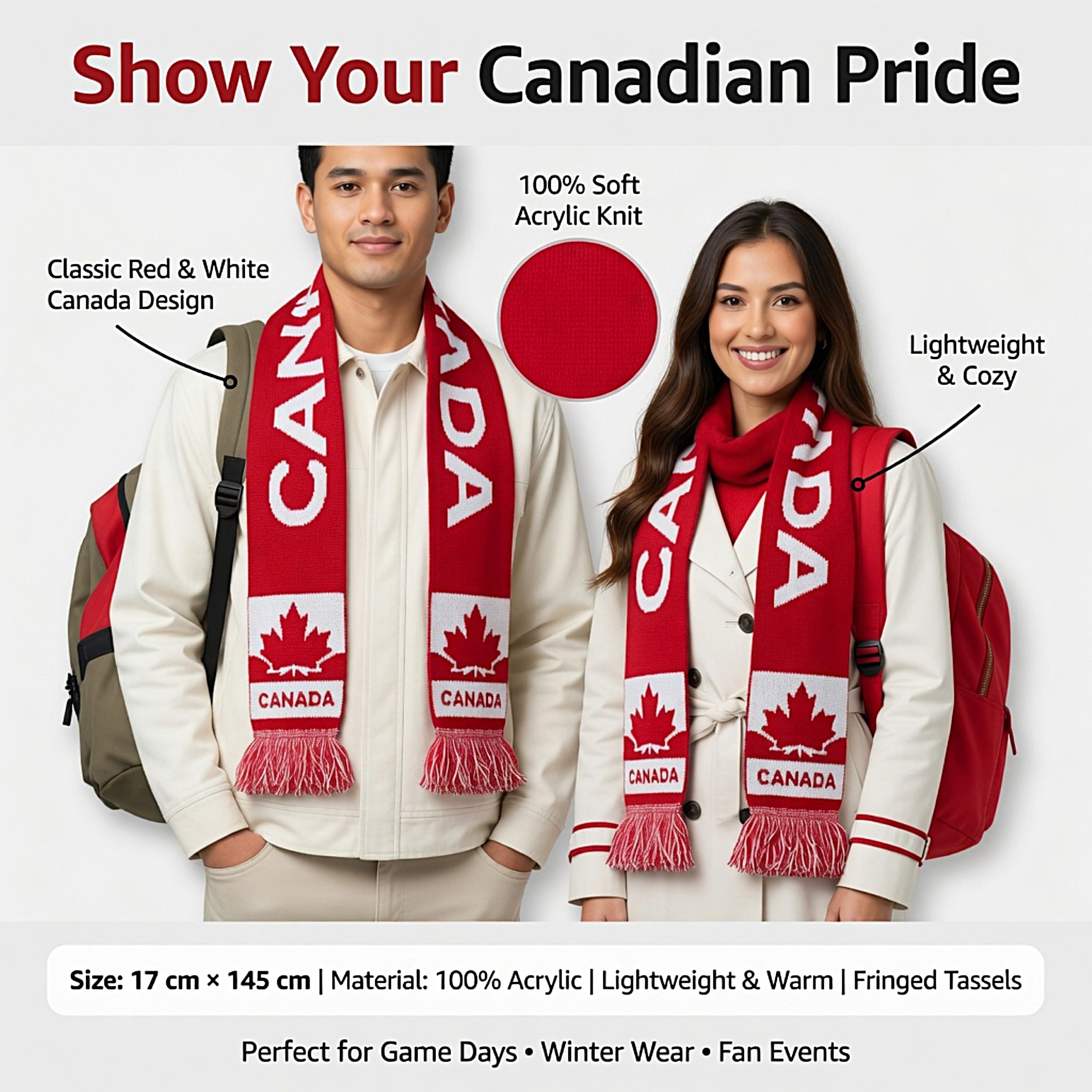 Canada Fan Scarf – Red & White Acrylic Maple Leaf Scarf for Hockey, Soccer & FIFA World Cup 2026 | Canada Day Stadium Fan Scarf, Warm Winter Sports Accessory — view 6