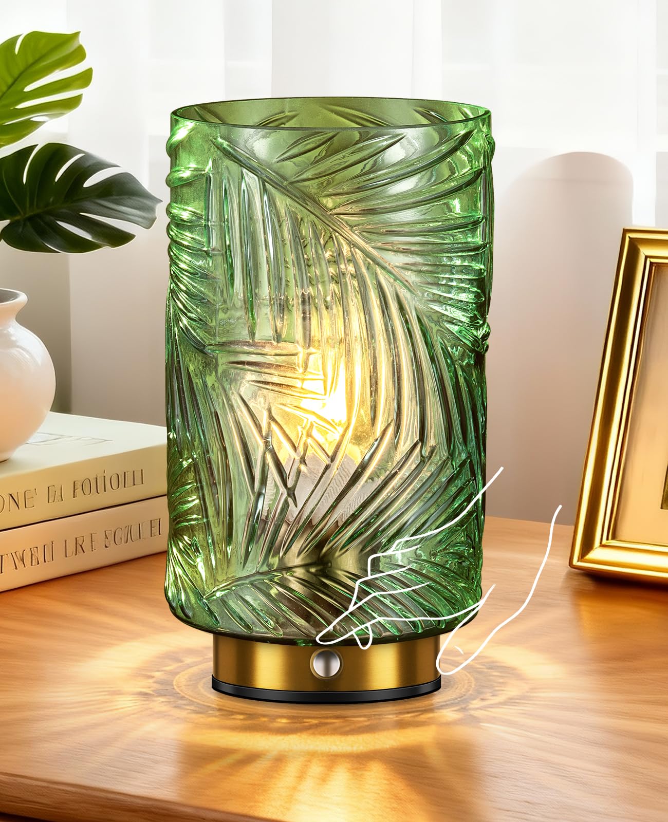 Rechargeable Table Lamp - Upgraded 5200mAh Touch Bedside Lamp with 3 Color Options & Dimming E27 Cordless Lamps 23CM Height for Bedroom Living Room Green Glass Shade (Includes Replaceable Bulb)