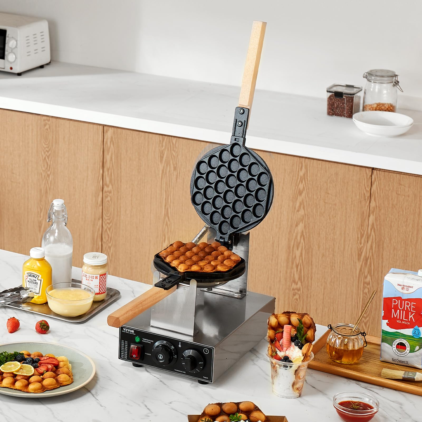 VEVOR Gaufrier Commercial 1400 W, Appareil à Gaufre à Bulles, en Acier Inoxydable, Antiadhésif, Rotatif à 180 °, avec Contrôle de la Température et du Temps, pour Restaurant Boulangerie, Snack-bar