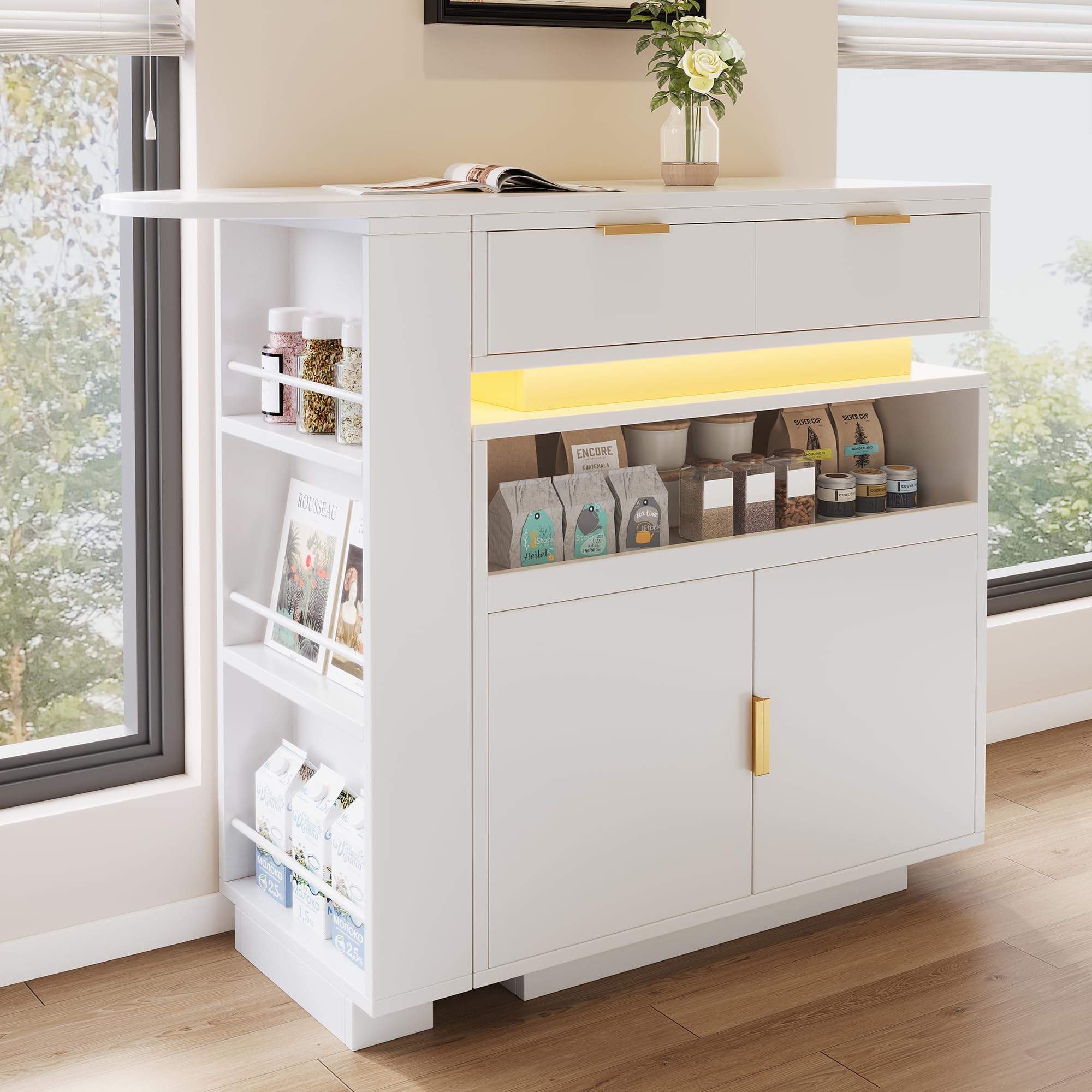 Meuble Bar Rotatif Extensible 115-183cm,îlot de Cuisine avec rangements,LED,Rotation 360,Table Extensible–Bar à café Mobile pour Cuisine et Salle à Manger,Blanc