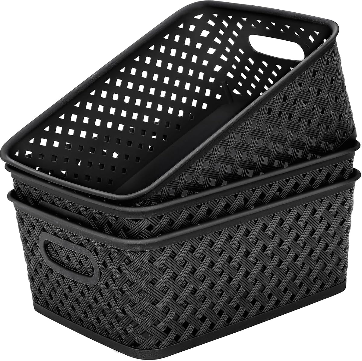 3 Pack Plastic Storage Baskets, Large, Black | Durable Woven Plastic with Built-In Handles, Suitable for Shelves, Closets, Cabinets, Bathrooms and Offices