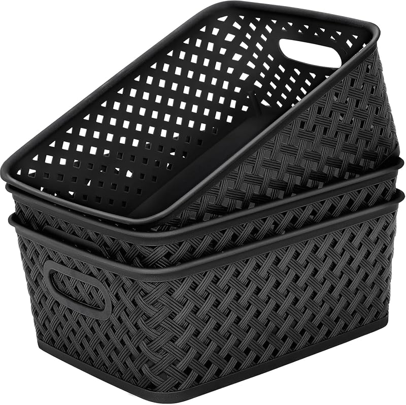 3 Pack Plastic Storage Baskets, Large, Black | Durable Woven Plastic with Built-In Handles, Suitable for Shelves, Closets, Cabinets, Bathrooms and Offices