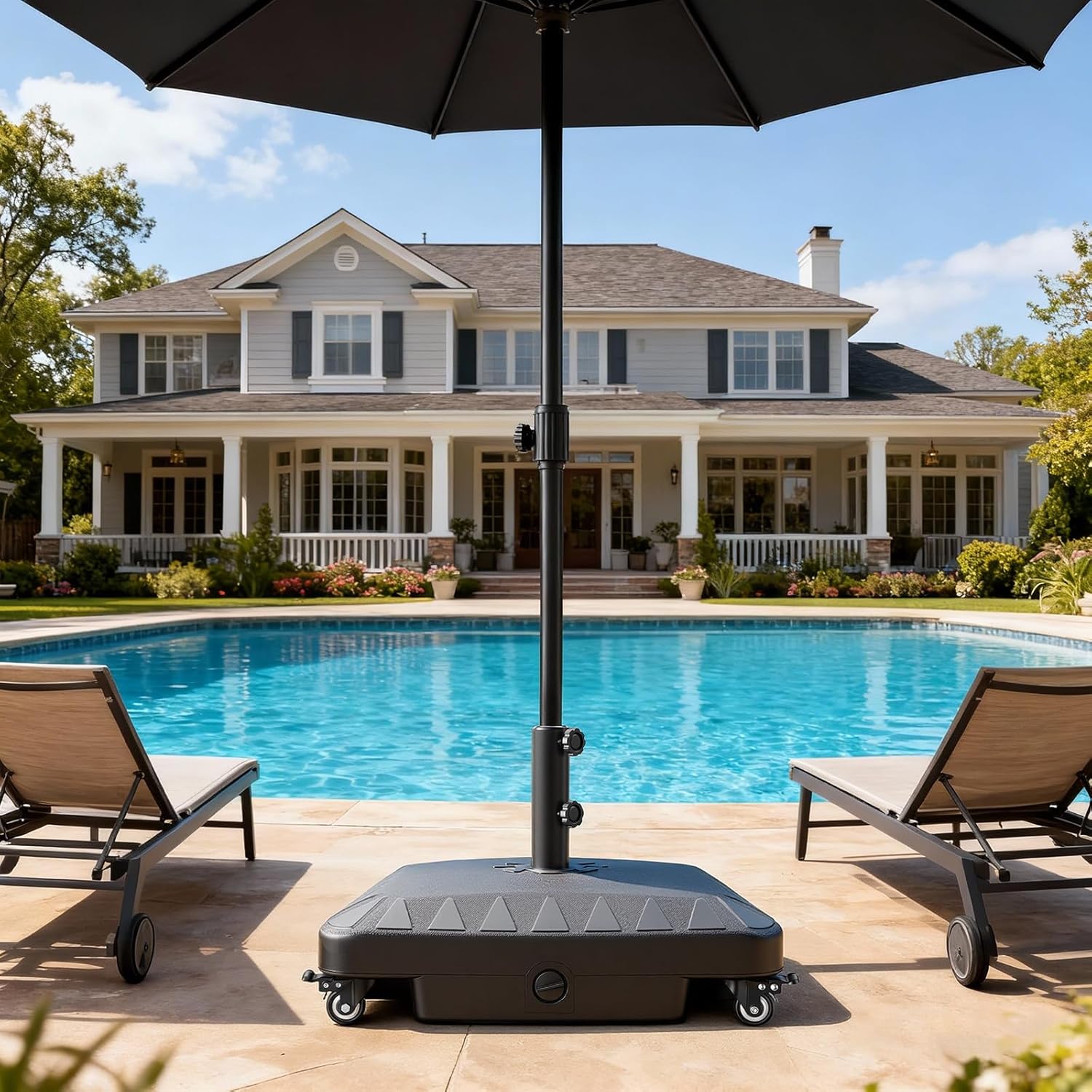 Patio Umbrella Base, Heavy Duty with Wheels Fillable Square Umbrella Stand, Fits 6–12 ft Umbrellas, Outdoor Patio/Deck/Poolside/Lawn, Black