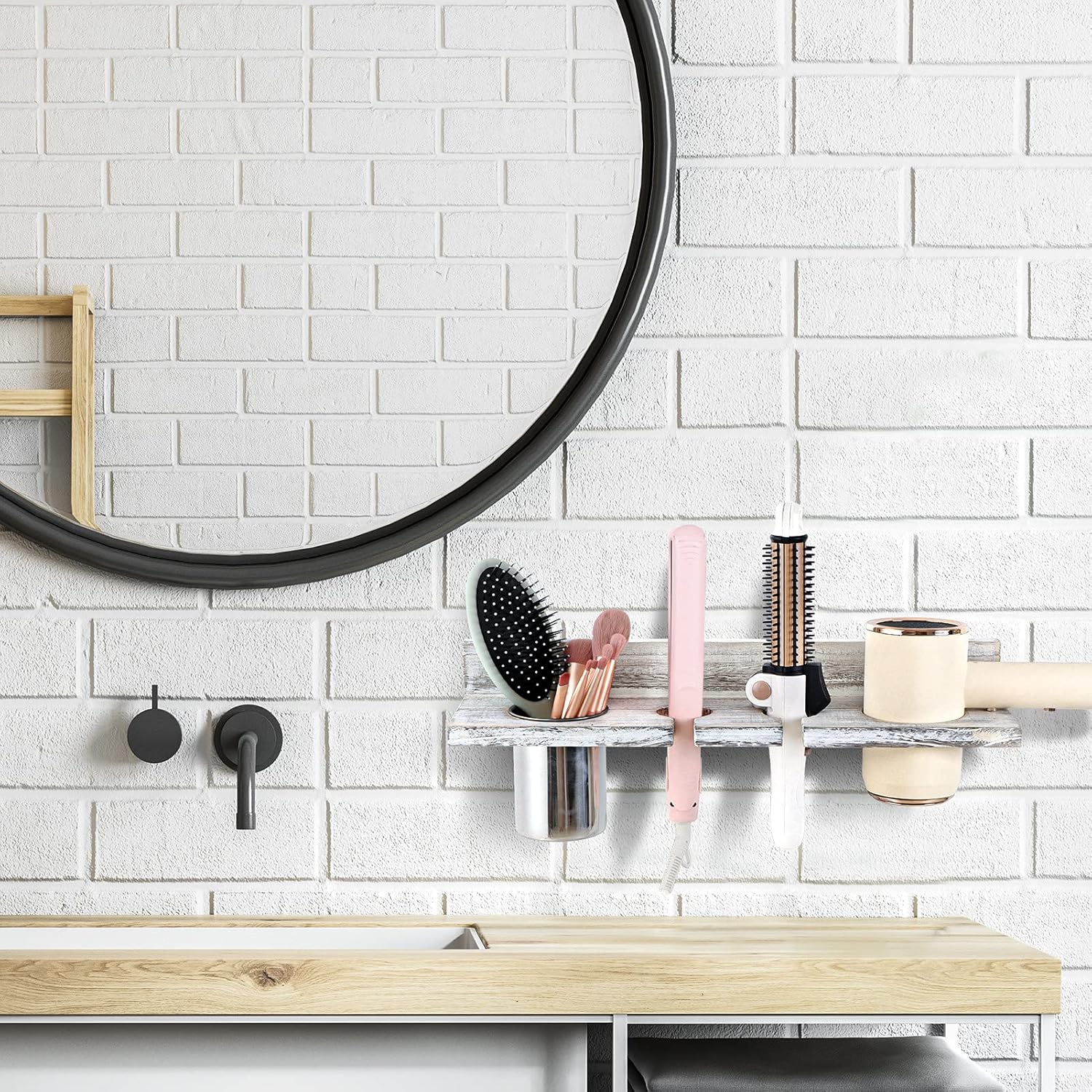 TUKUOS Hair Tool Organizer with Iron Cup, Wall Mounted Blow Dryer Holder, Vintage Bathroom Hair Dryer Holder for Curling Iron,Flat Iron, Blower, Brushes - 4 Compartments for Styling Tools Accessories : Home & Kitchen