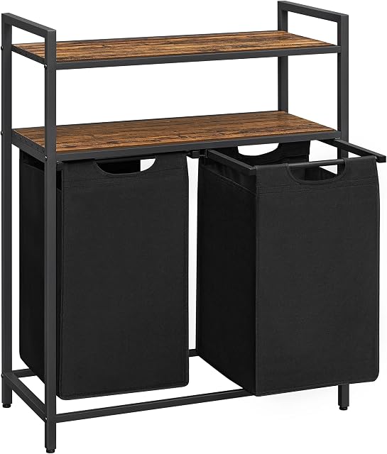 VASAGLE Laundry Basket, Laundry Hamper, Laundry Sorter with 2 Pull-Out and Removable Bags, 2 Storage Shelves, 46L Capacity per Bag, for Bathroom, Laundry Room, Rustic Brown and Black BLH211B01