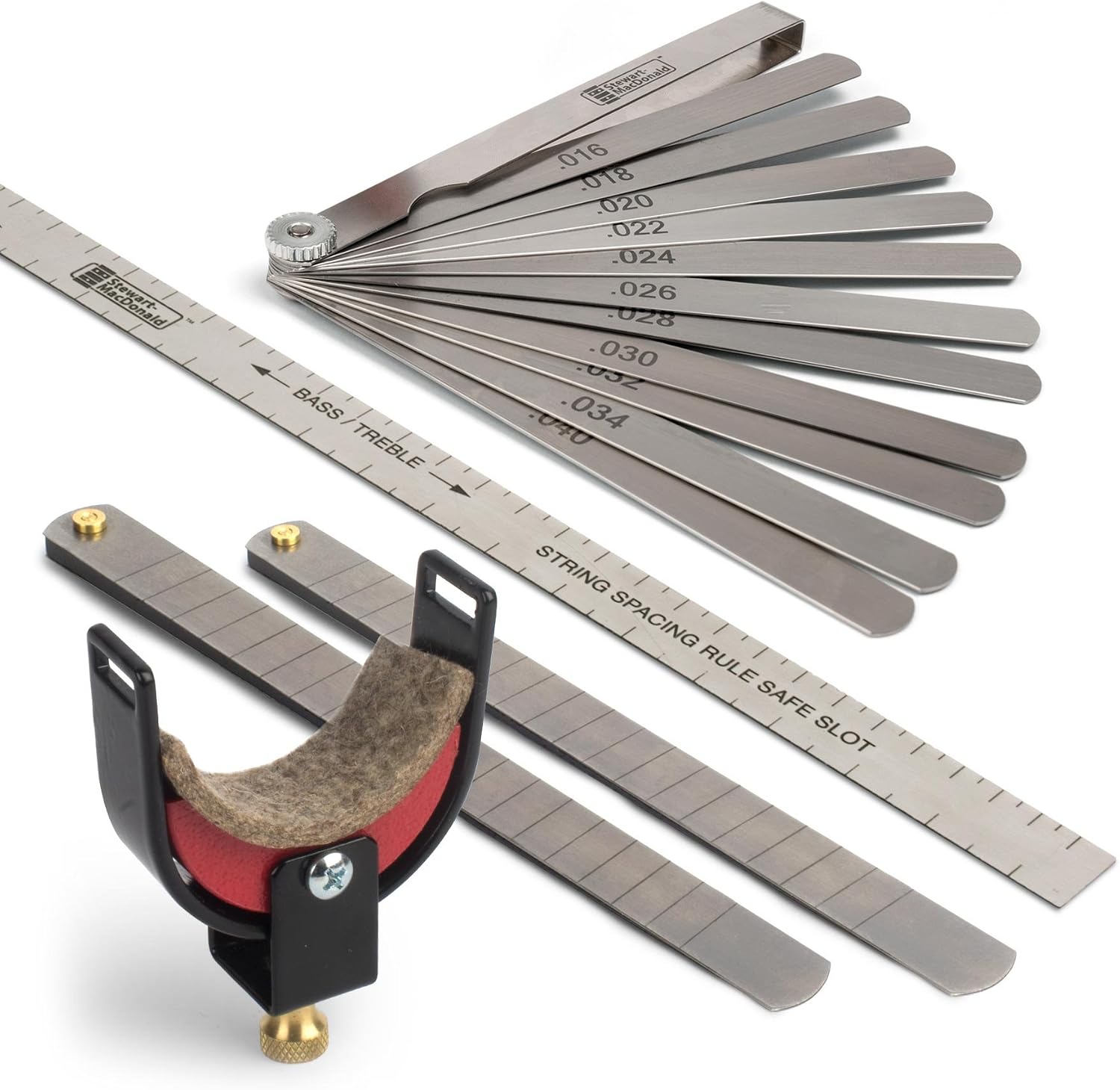 StewMac Safe Slot Guitar Nut Guard Complete Set - Nut Slotting Depth Guide Tool with Feeler Gauges, String Spacing Rule & Nut Filing Accessories