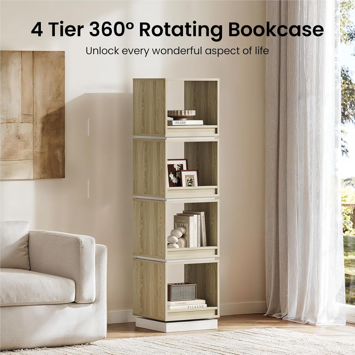 ModernMate 4-Tier Rotating Bookshelf Tower, 360° Spinning Wood Narrow Tall Book Shelf Organizer, Modern Geometric Storage for Sapce Saving, Revolving Bookcase for Living Room, Bedroom, Home Office
