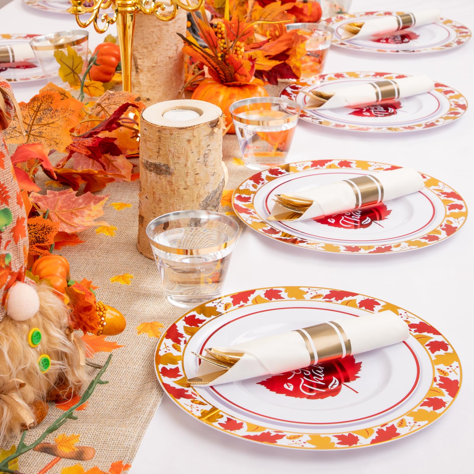 I00000 210PCS Gold Plastic Plates Thanksgiving Disposable Plates Gold Dinnerware Set Include 30 Dinner Plates, 30 Salad Plates, 30 Cups, 30 Per Rolled Napkins with Gold Cutlery for Thanksgiving Party