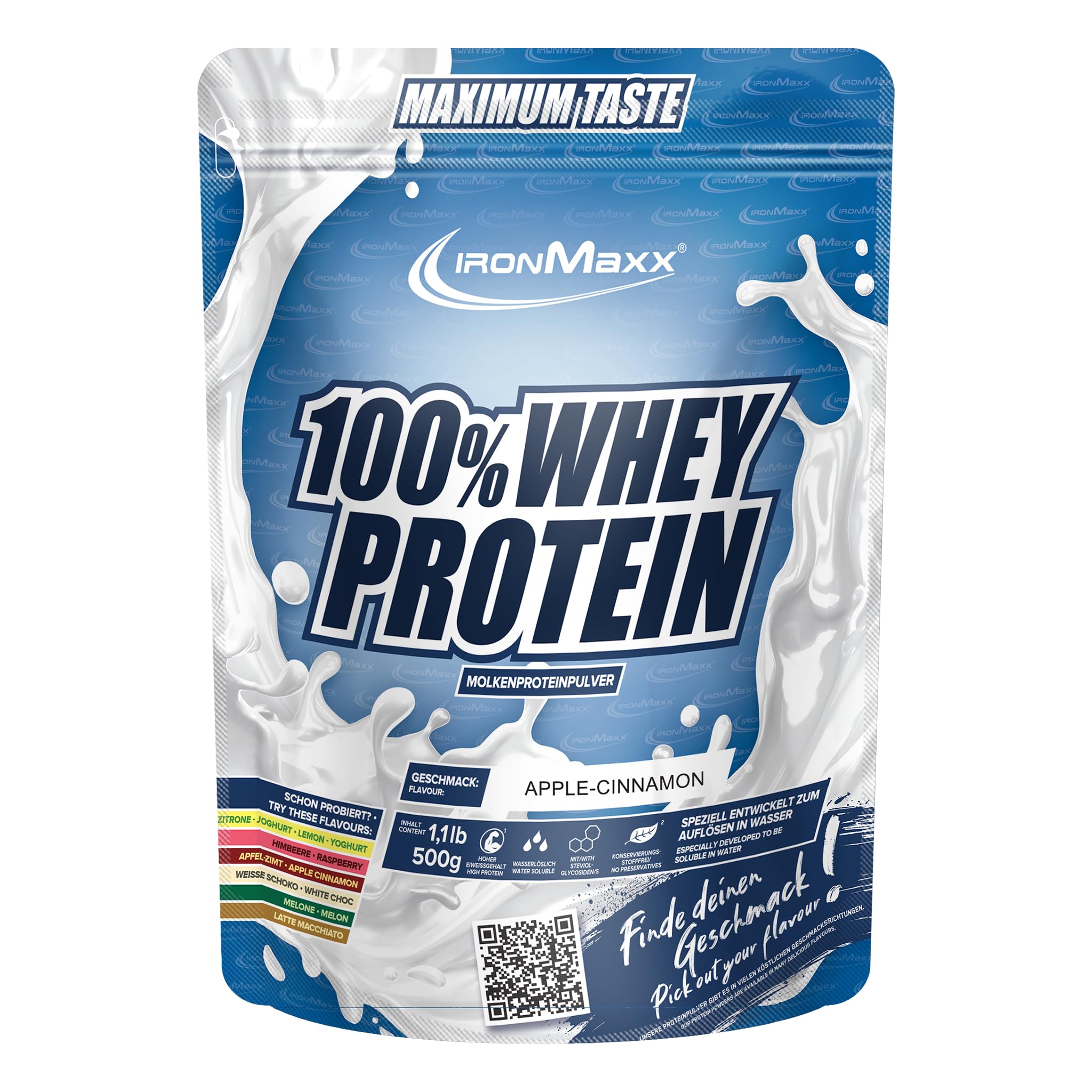 IronMaxx 100% Whey Protein Pulver 500g - Apfel Zimt | Cremiger Eiweißshake mit BCAAs & EAAs | High Protein, Low Carb & zuckerarm | Ideal für Muskelaufbau & Fitness
