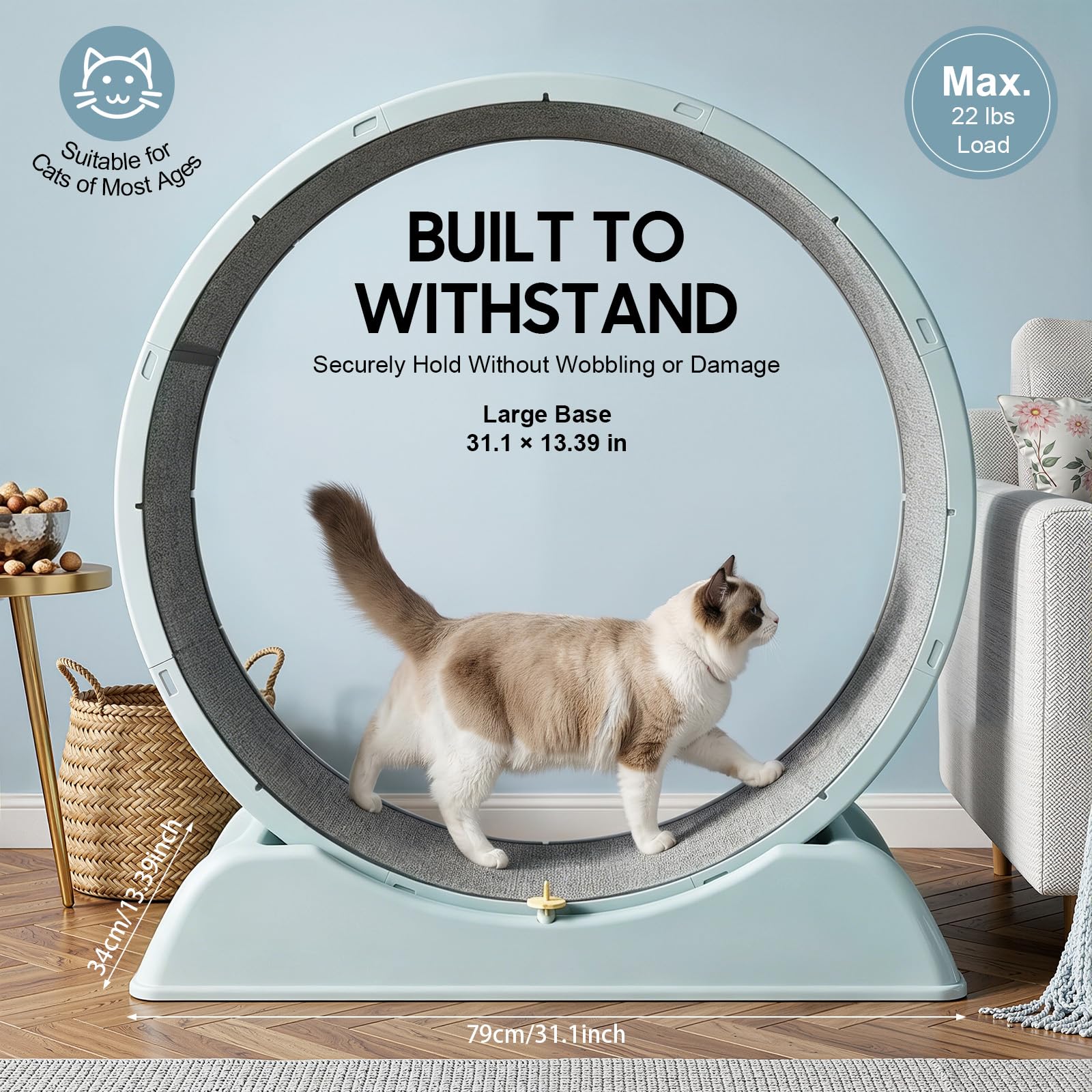 Katzenlaufrad 80 cm aus Harz und PP, mit weichem Teppich und Spielangel – robustes Fitnessrad für Wohnungskatzen bis 10 kg, leise und stabil, ideal für Bewegung und Spiel im Innenbereich (Blau)