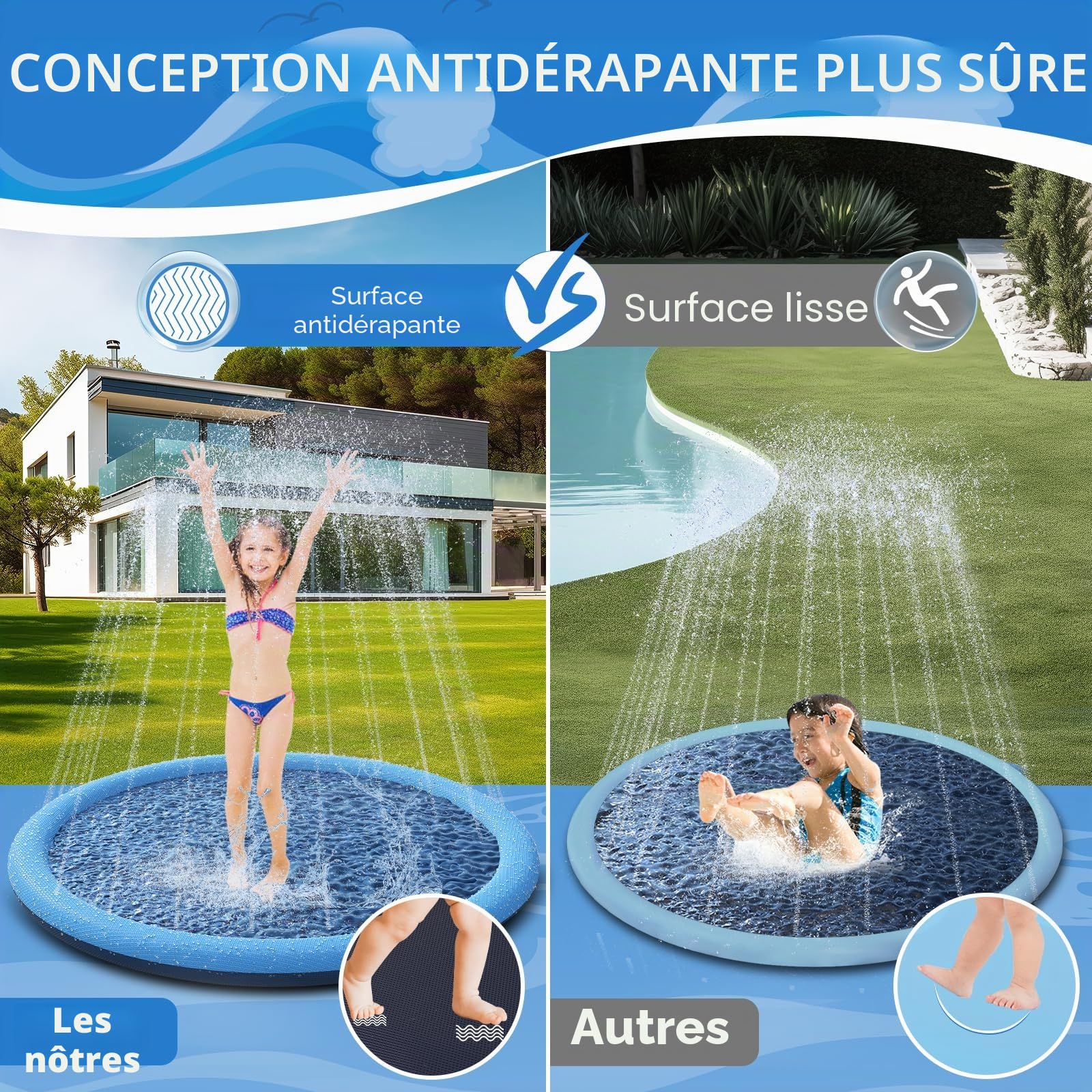 YAUNGEL Piscine pour Chiens, 170cm/67in, 0.55cm Épaississant Tapis de Jeu d'eau pour Chiens avec Éclaboussures et Antidérapant, Jouet de Jardin Portable Durable et Pliable, Bleu