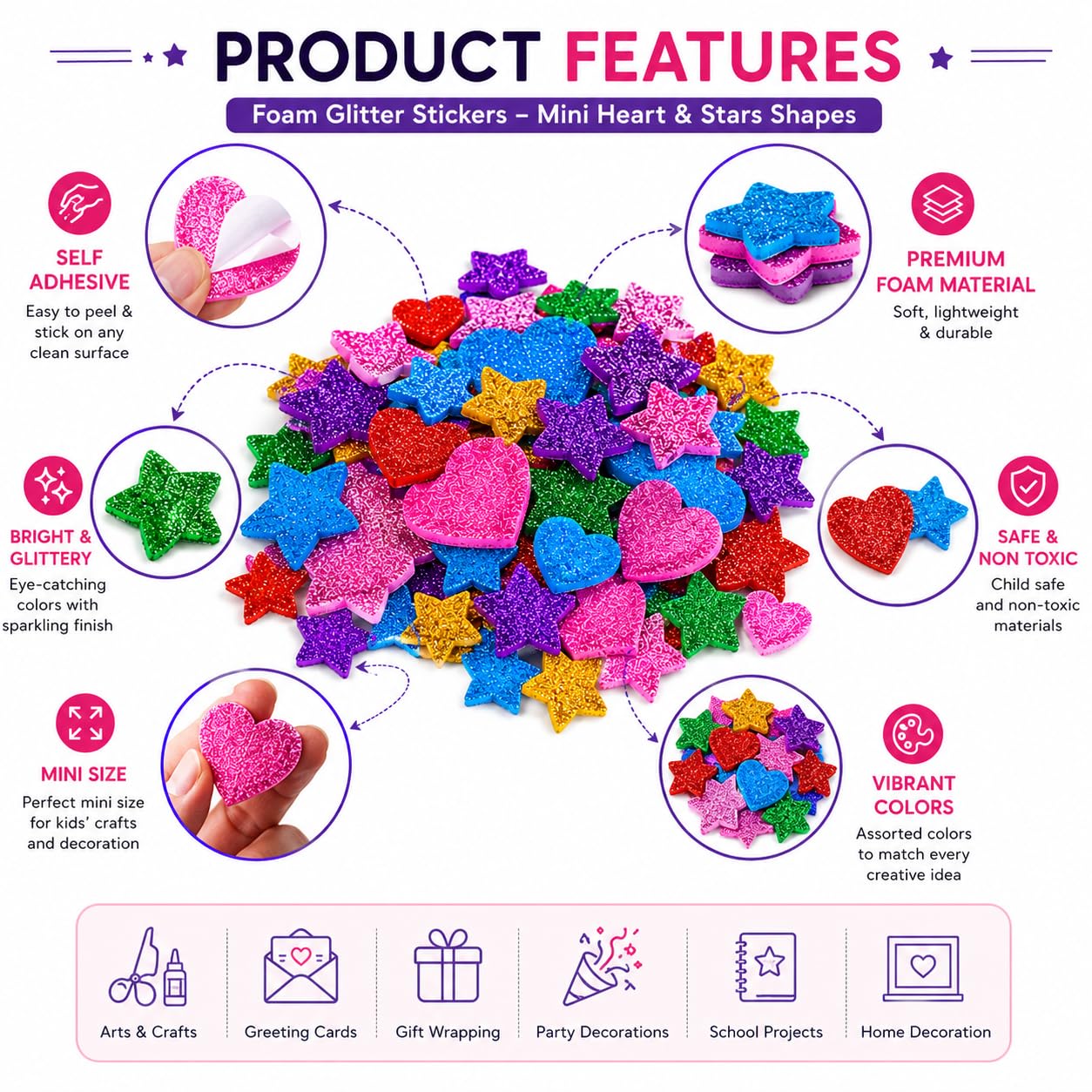 Kidivo Foam Glitter Stickers Self Adhesive, Mini Heart and Stars Shapes for Kid's Arts Craft Supplies Greeting Cards Home Decoration (120 Pieces) 4