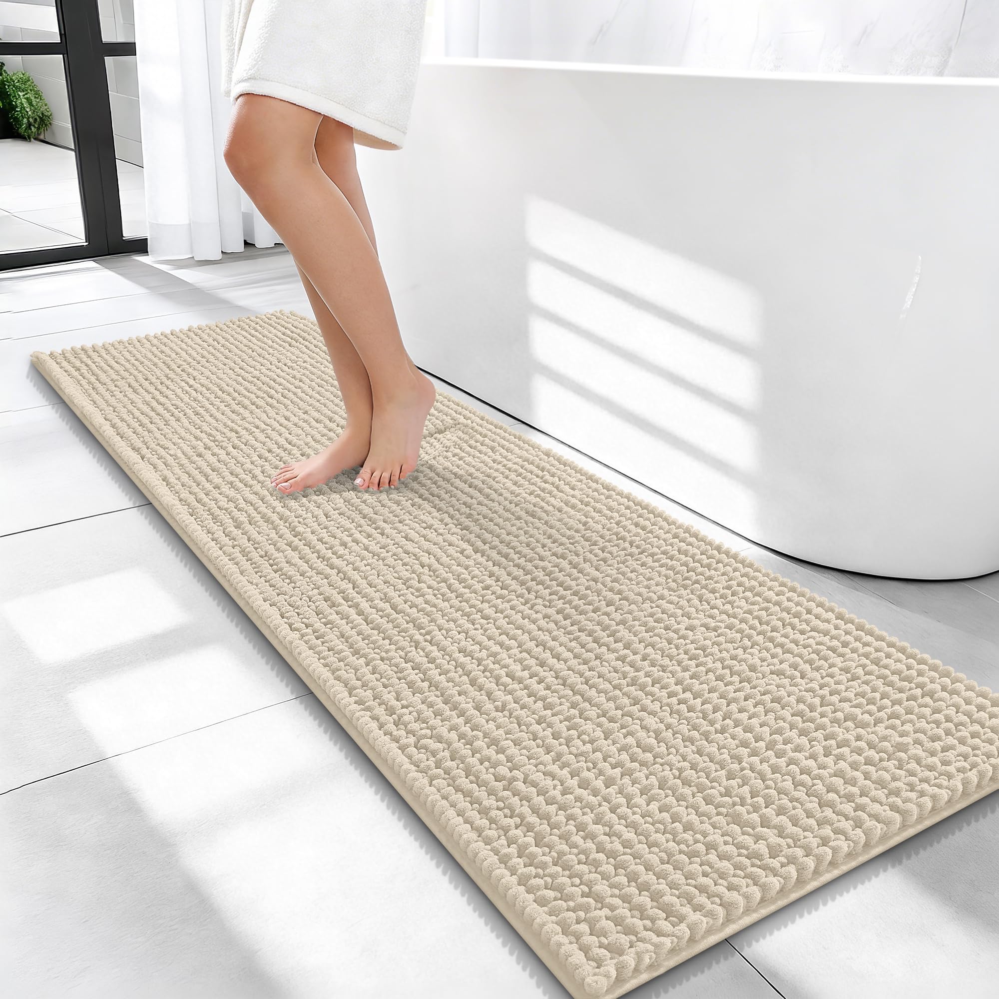 OLANLY Thick Chenille Bathroom Runner Rugs 47x17, Absorbent Bath Mat, Sand