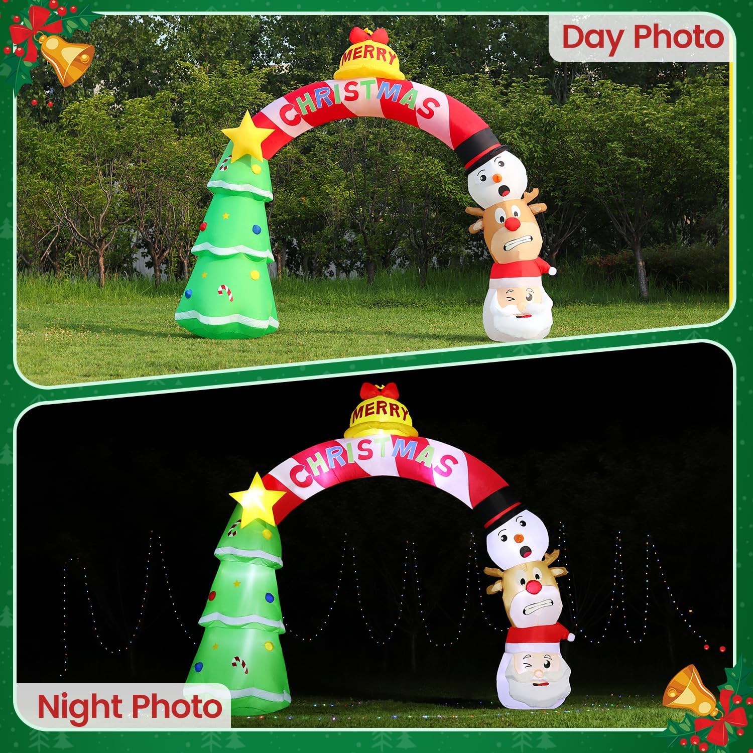 DomKom 8FT Christmas Inflatables Xmas Tree Arch, Blow up Decoration Arch Santa Claus Snowman Reindeer Bell Inflatable Decor, Built-in LEDs for Outdoor Holiday Party, Garden, Lawn, Yard, Patio