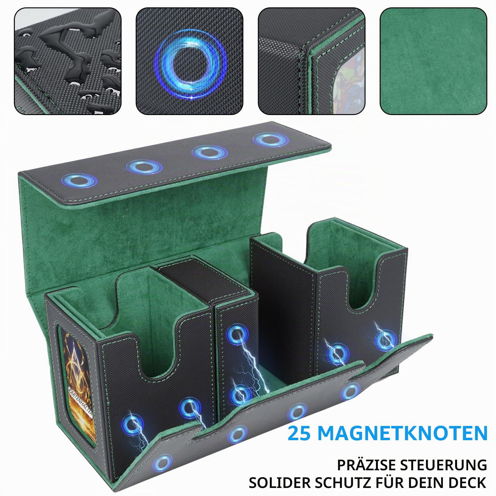 AFIING MTG Commander Kartenbox, 3-in-1 Karten-Aufbewahrungsbox für 200+ doppelt gesleevte Karten, Magnetische Deckbox mit Commander-Fenster, Würfelbox & 4 Trennwänden, für Magic TCG CCG Schwarzgrün