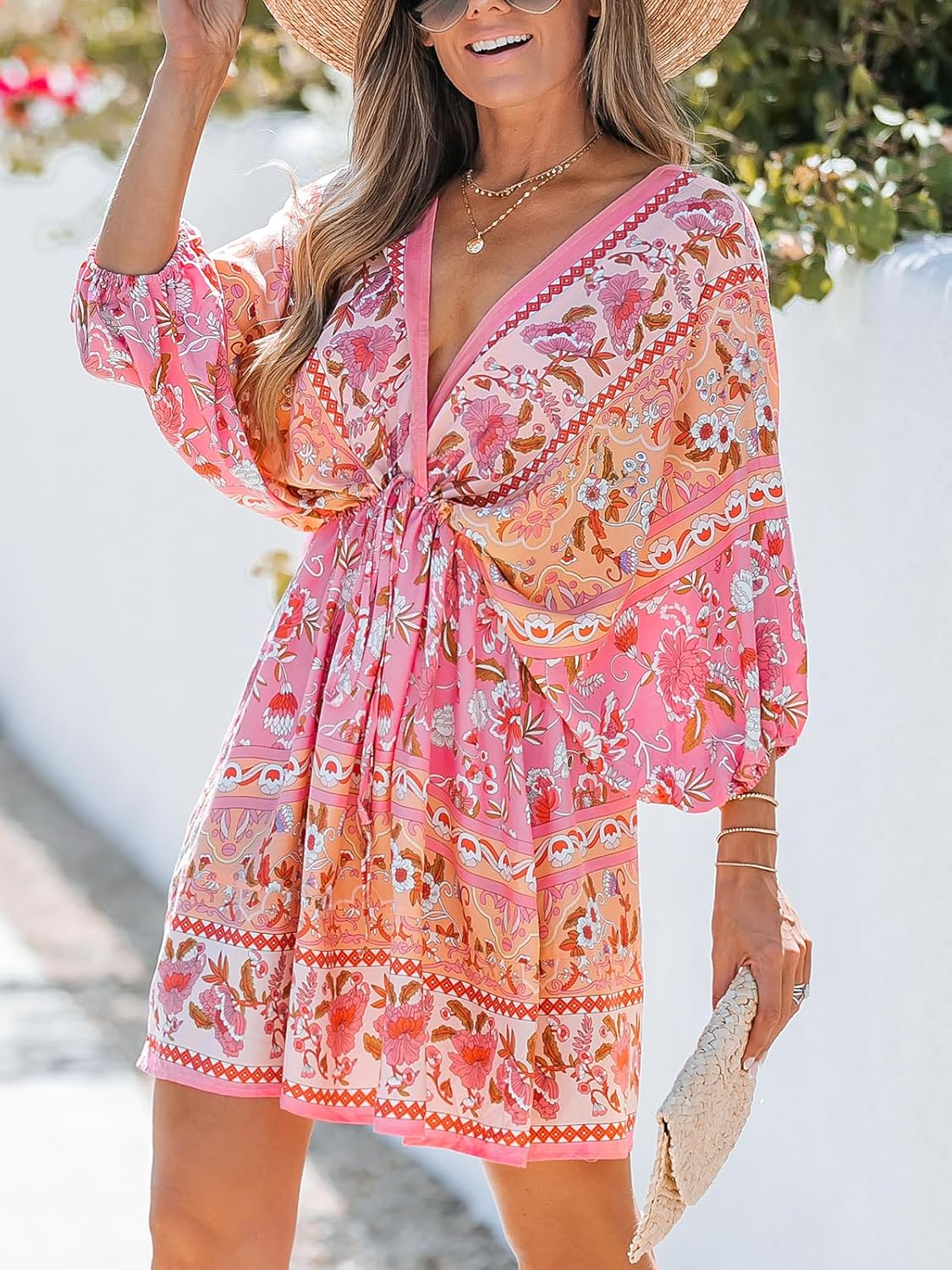 CUPSHE Women Casual Boho Sundress Summer Floral Print Tie Front Dress 3/4 Sleeves Paisley Beach Mini Dresses - Image 3