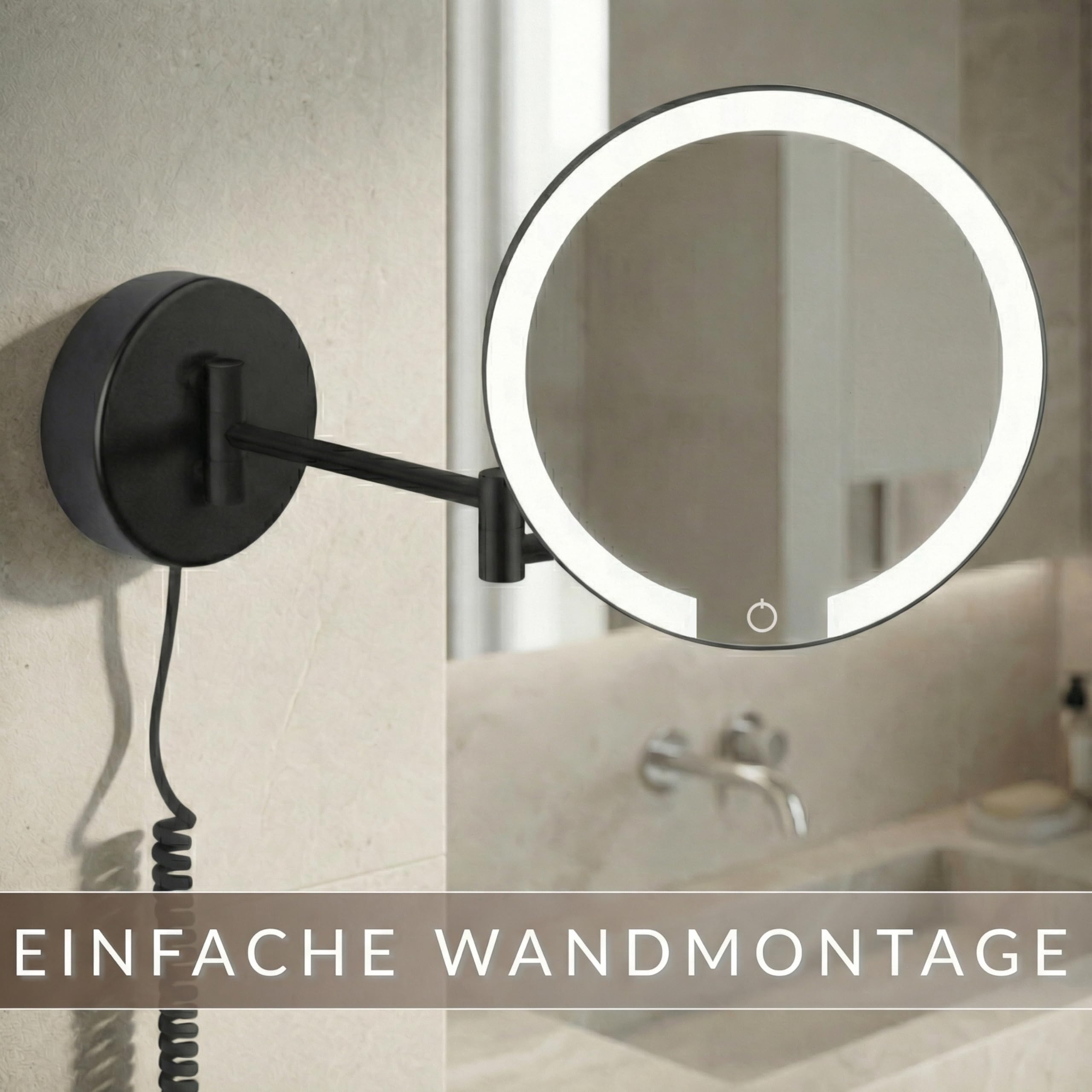 LED beleuchteter Kosmetikspiegel Ravenna Vergrößerungsspiegel rund 7-Fach Vergrößerung Schmink-Spiegel mit Beleuchtung Wandmontage Dimmer Auto-Off Kabel Rasierspiegel mit Licht (schwarz)