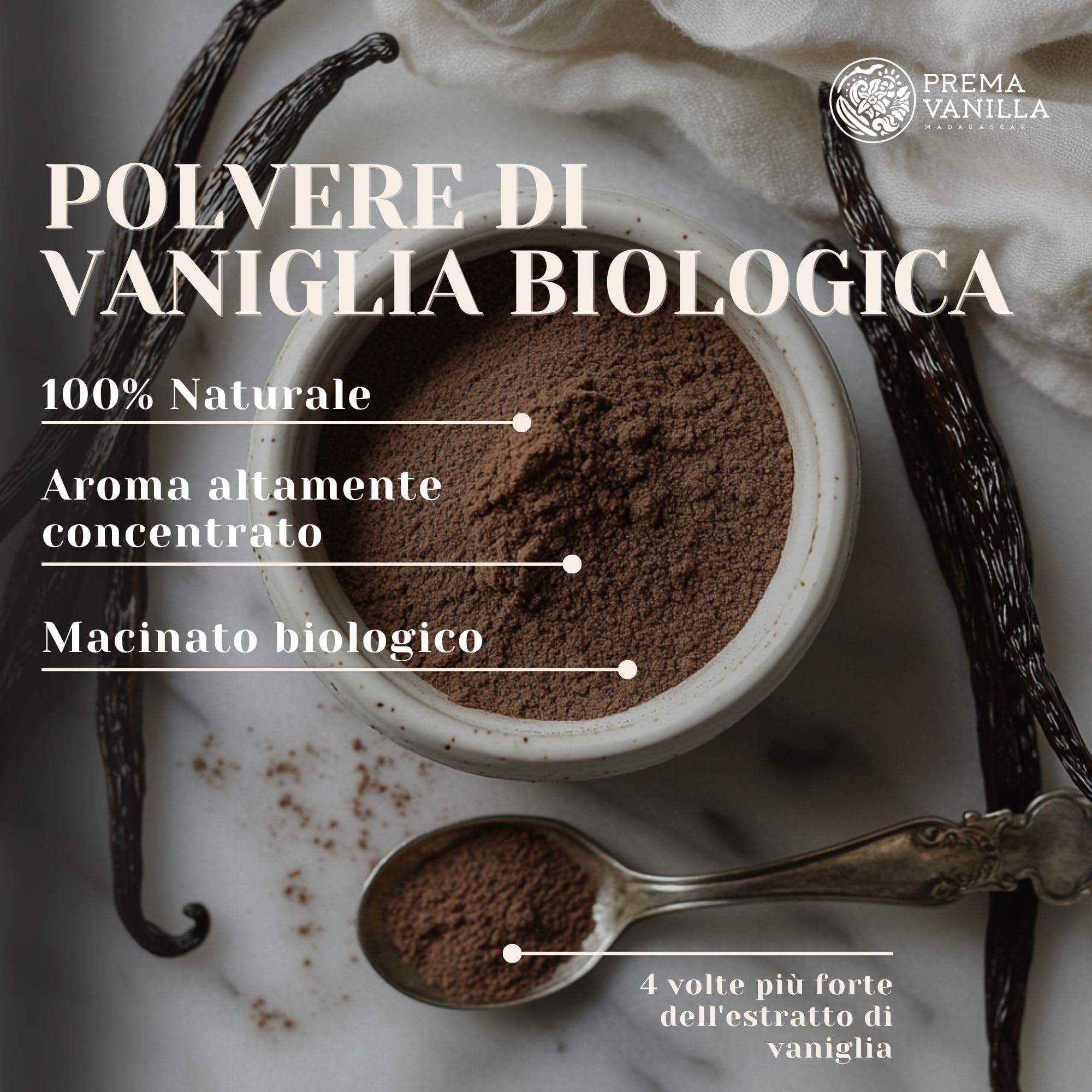 PREMA VANILLA Polvere di Vaniglia 14g Bourbon Premium – Vaniglia in Polvere 100% Naturale e Biologica – Realizzata da Bacche di Vaniglia del Madagascar – Qualità Gourmet – Aroma Puro e Intenso