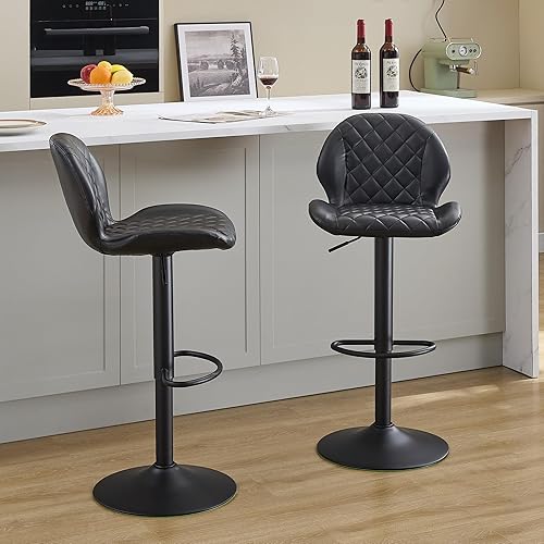 Juego de 2 taburetes de bar giratorios negros con respaldo, taburete de bar ajustable de 24 a 33 pulgadas, taburete de bar tapizado de piel