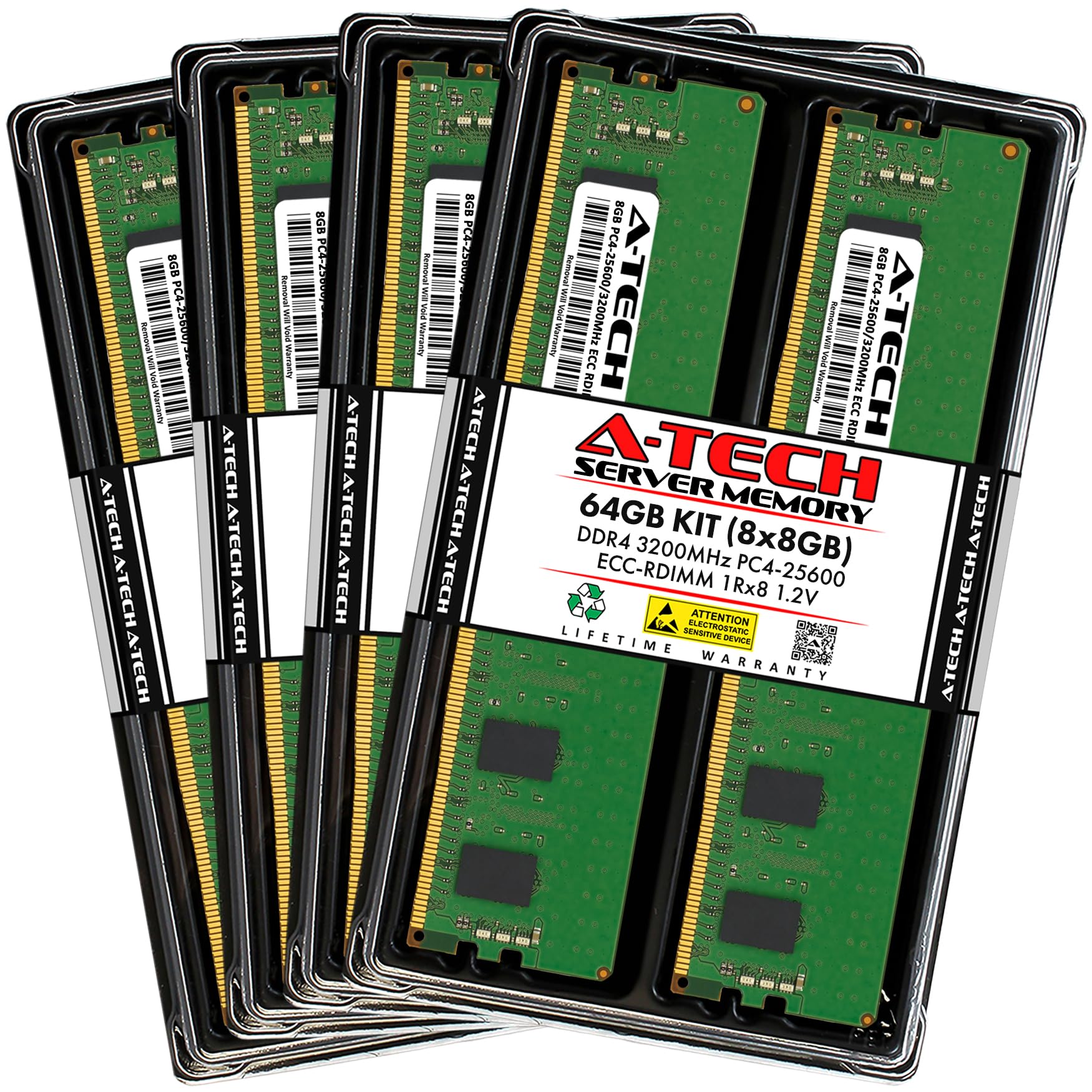 A-Tech 64GB Kit (8x8GB) DDR4 3200MHz PC4-25600 ECC RDIMM 1Rx8 1.2V Single Rank Registered DIMM 288-Pin Server & Workstation RAM Memory Upgrade Modules (A-Tech Enterprise Series)