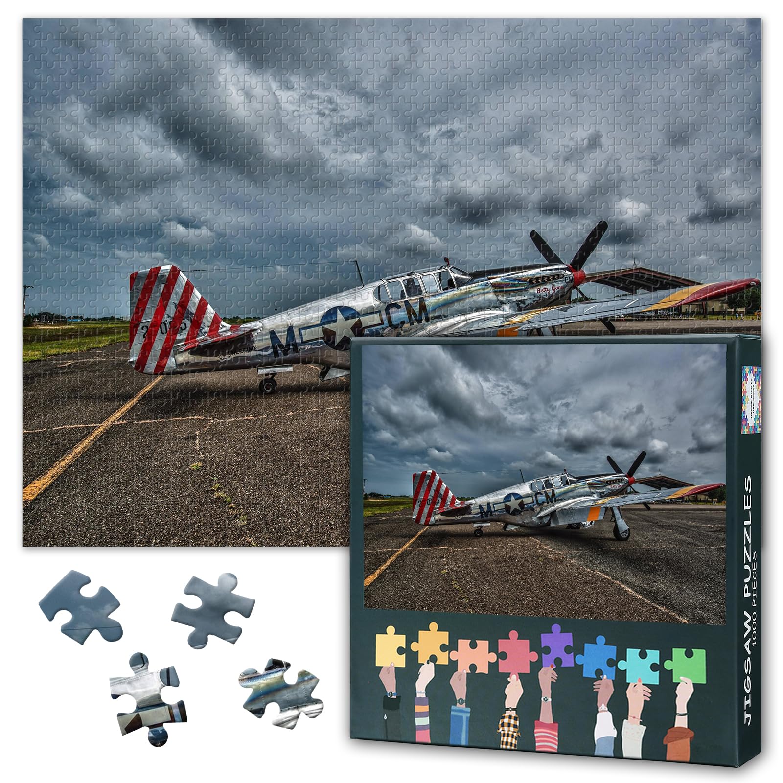 1000 Piece Jigsaw Puzzle for Adults WWII Aircraft North American P51 Mustang Fighter Plane Military Aviation Art Challenging Puzzle Gift for Men 27.5 x 19.7 Inches