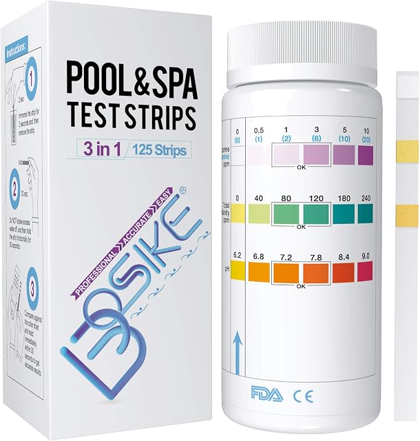 BOSIKE 3 in 1 Water Hot Tub, Swimming Pool & Spa Test Strips Kit - 125 Water Tester Strips for Free Chlorine Alalinity, Brom & pH