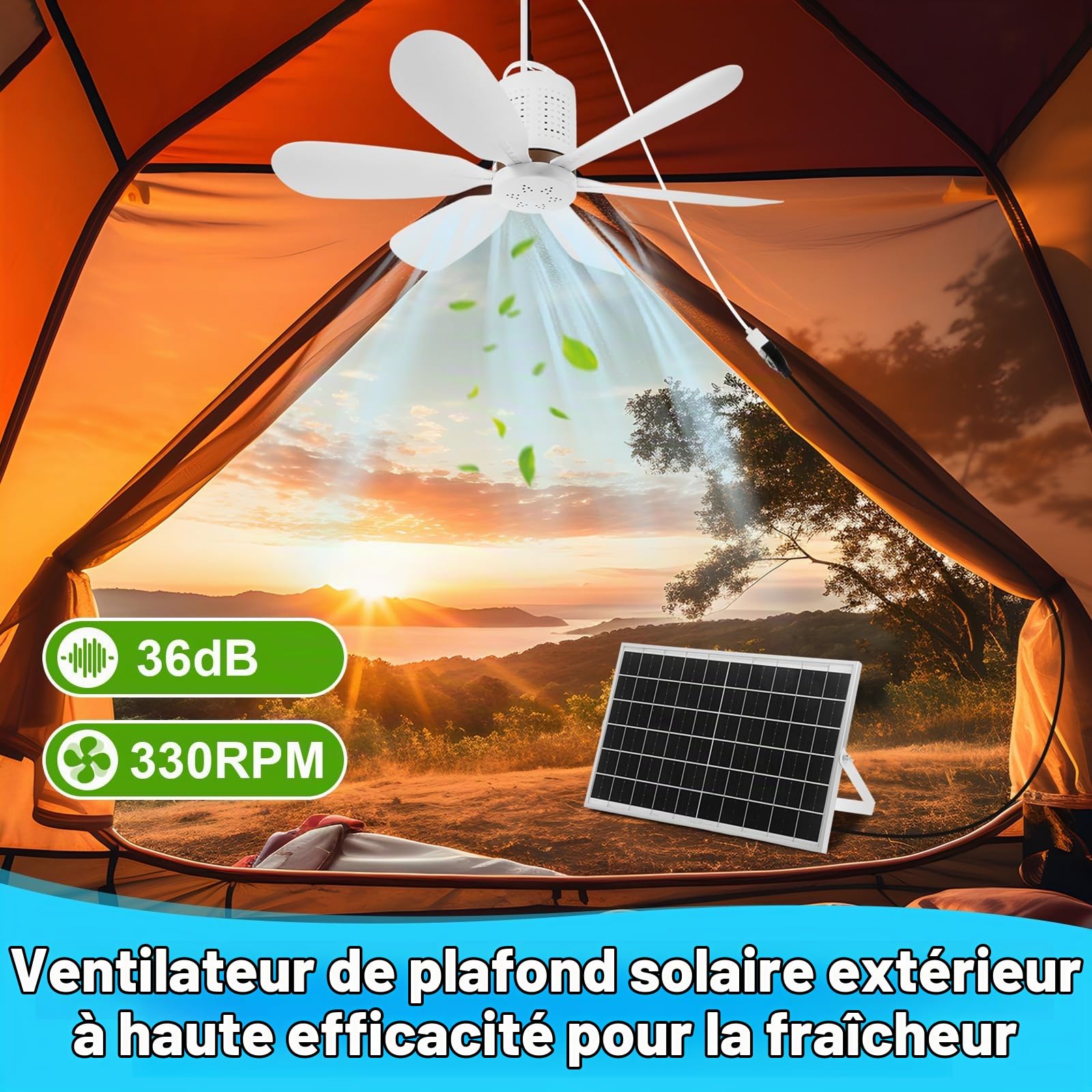 Kit de ventilateur de plafond solaire portable 15 W avec panneau solaire monocristallin USB à suspendre avec bouton marche/arrêt pour terrasse, camping, tente, poulailler, serre, abri de
