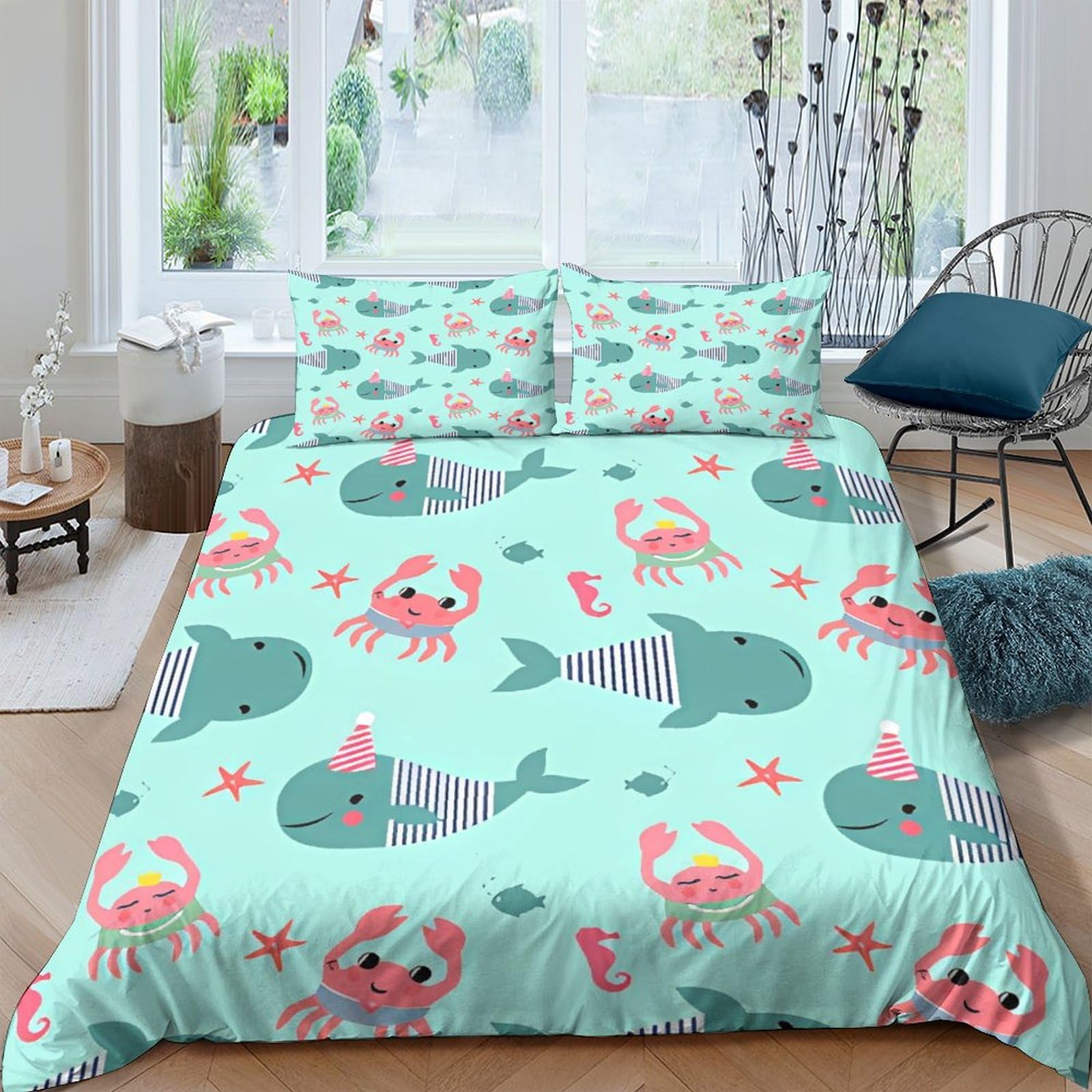 Housse de couette 3D imprimé hippocampe et étoile de mer en microfibre douce