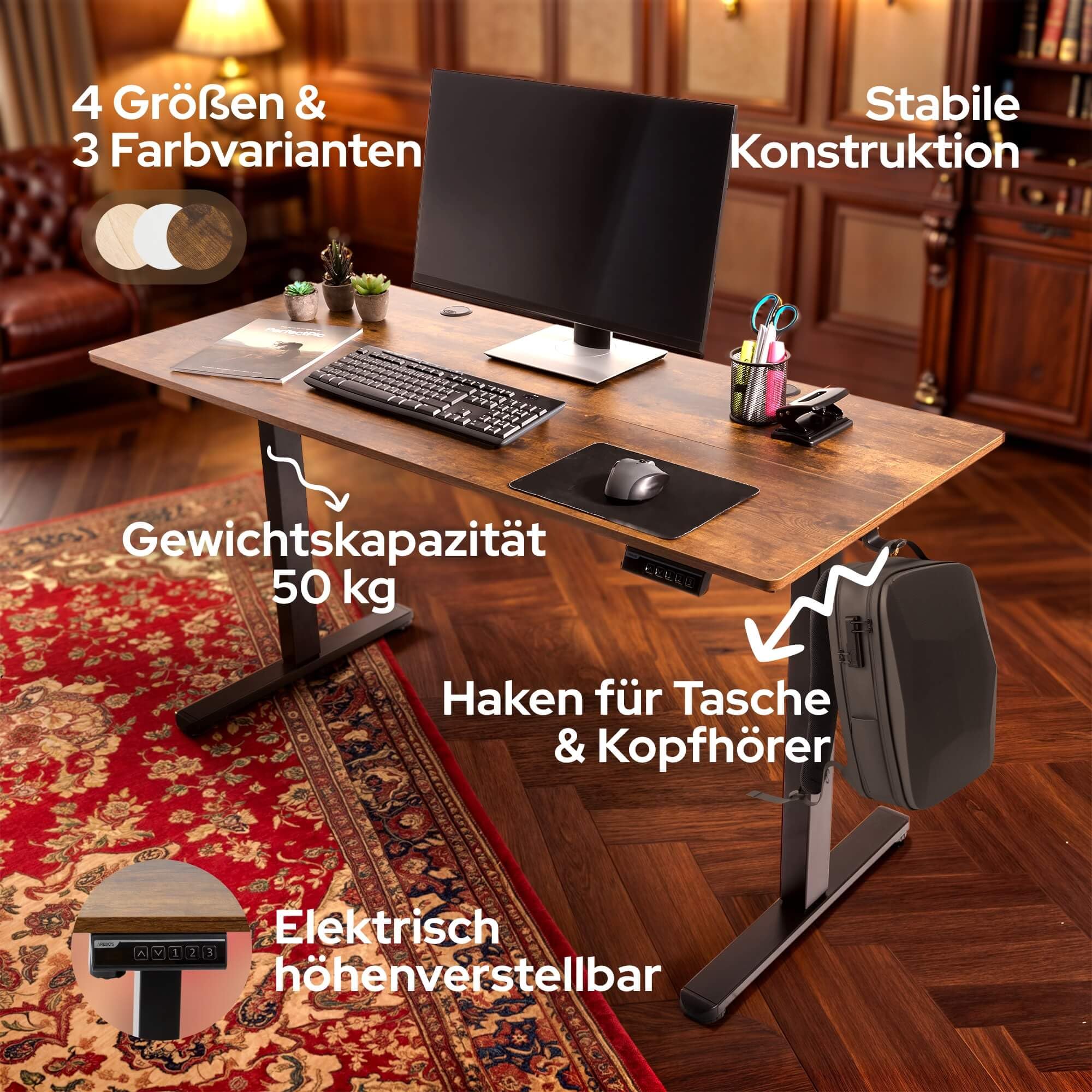 Arebos elektrisch höhenverstellbarer Schreibtisch 120x60 cm | Memory-Funktion | Verstellbarer Computertisch 72-118 cm | Standing Desk | ergonomischer Bürotisch | Steh-Sitz Tisch | Braun