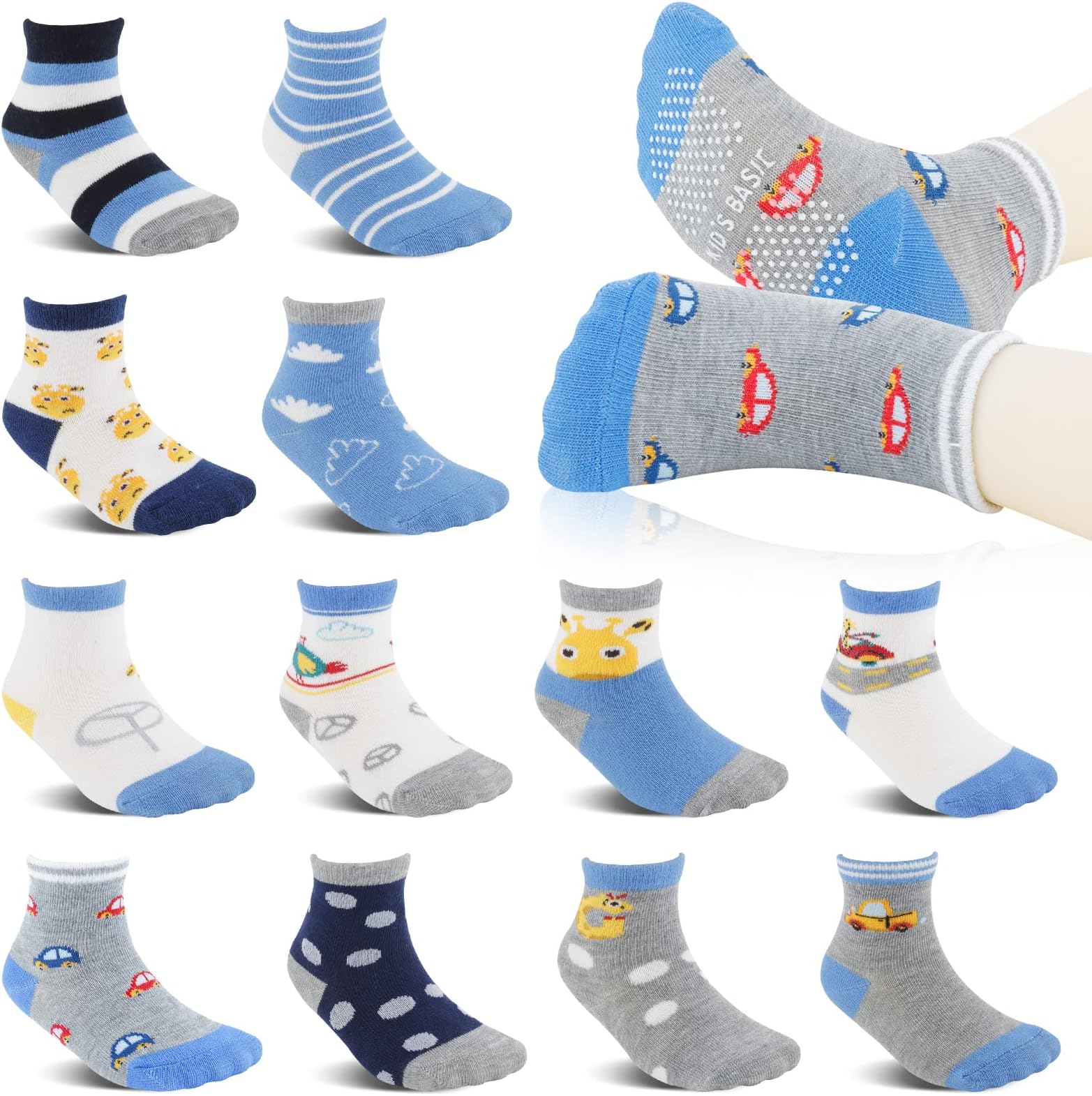 SuPoo 12 Pairs Baby Socks Non Slip Toddler Socks 6-12 Months Baby Boy Socks Crew Socks with Grips Toddler Grip Socks