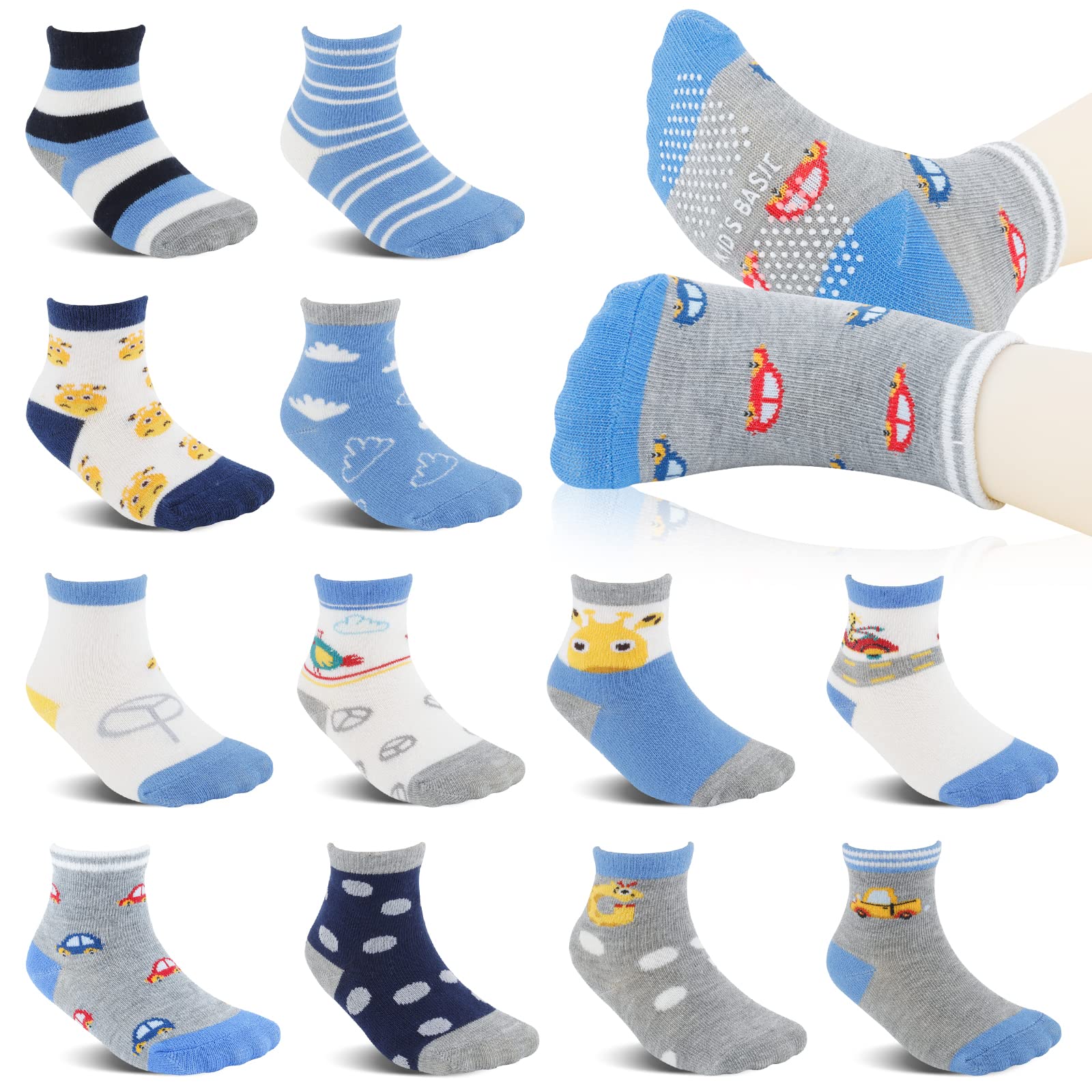 SuPoo 12 Pairs Baby Socks Non Slip Toddler Socks 6-12 Months Baby Boy Socks Crew Socks with Grips Toddler Grip Socks