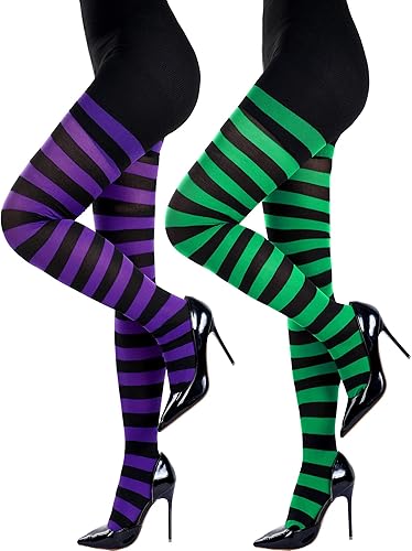 Miniatura 7 de Blulu 3 piezas de medias de Halloween a rayas para mujer, disfraz de brujas a rayas, medias altas para Halloween, fiesta de cosplay
