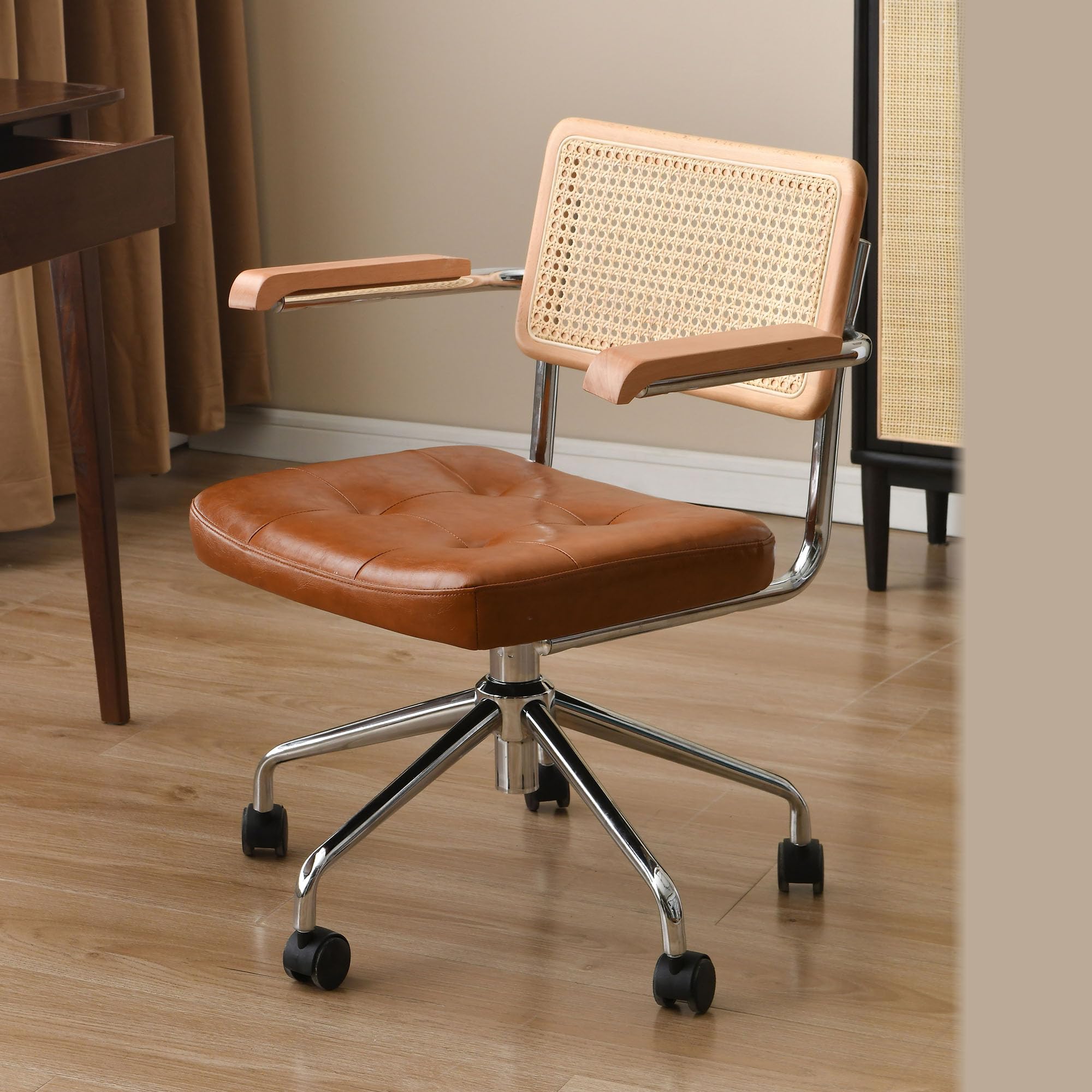 YESWOOD Office Chairs 360 Free Swivel Desk Chair with Natural Back Wood Armrest Rattan Office Chairs Upholstered Tufted
