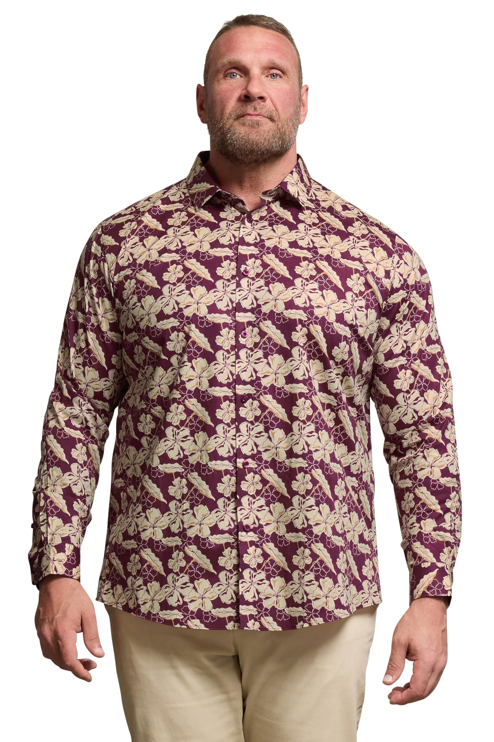 BadRhino Leaf Print Long Sleeve Shirt, Red, Size 20, Men