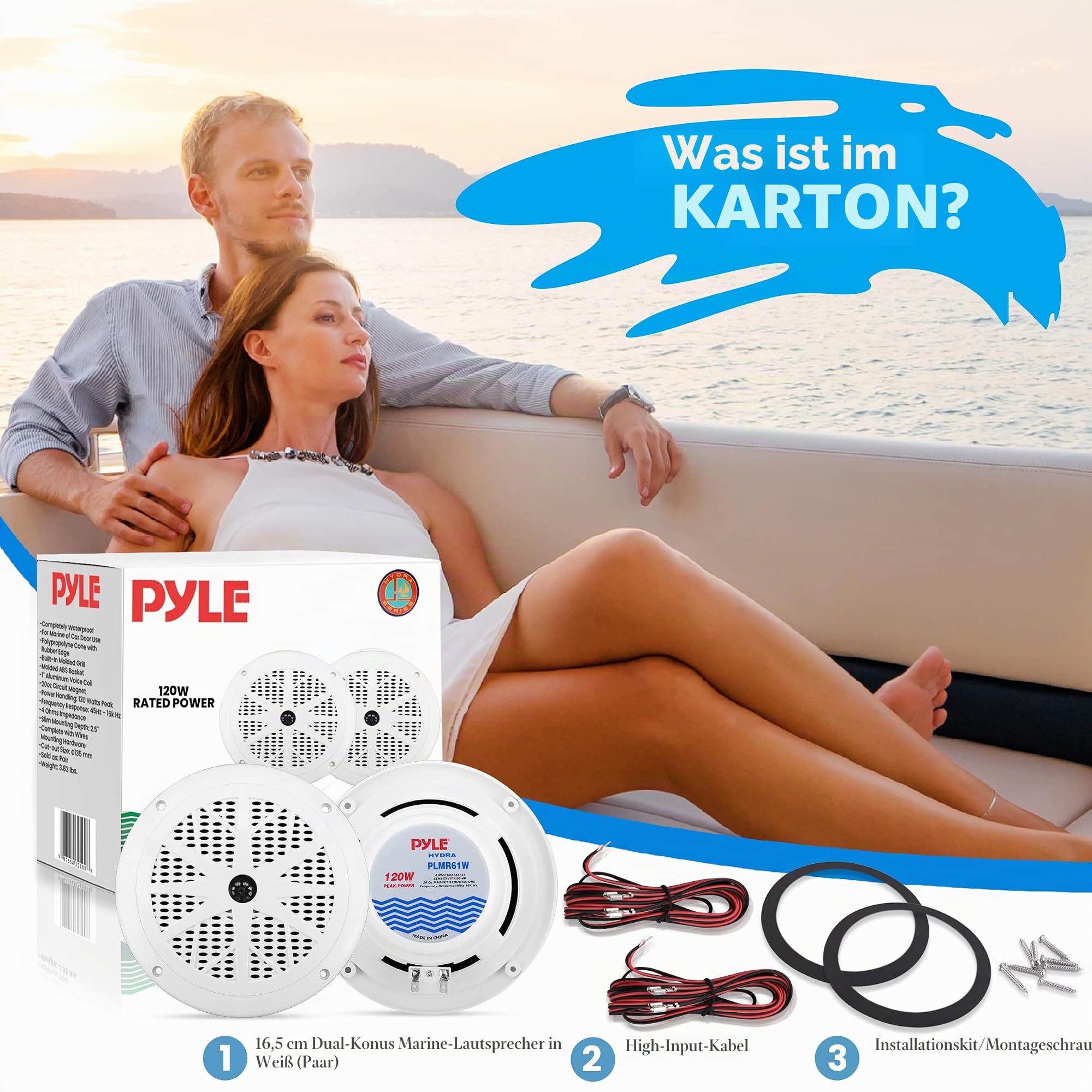 Pyle 16,5 cm Marine-Lautsprecher (2er-Set) – 2-Wege, wasserdicht & wetterfest, Outdoor-Stereoanlage mit 120 W, Polypropylen-Membran & Gewebesicke