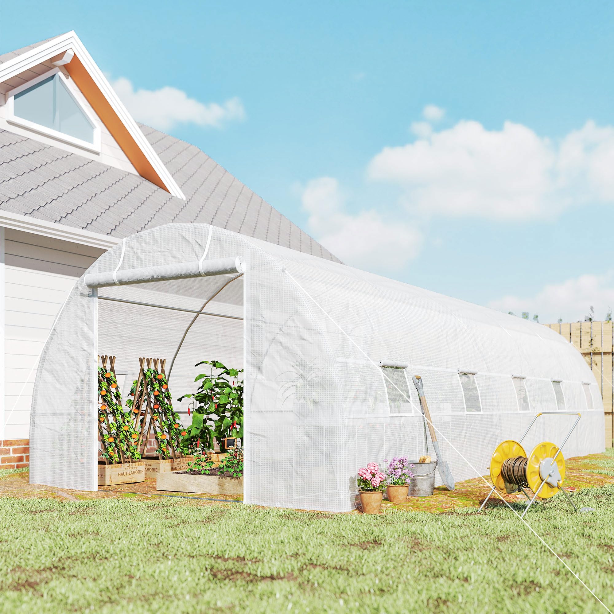 Outsunny Serra da Giardino a Tunnel 8x3x2 m con Porte Avvolgibili e 12 Finestre, Serra per Orto con 4 Rinforzi Diagonali, Struttura in Acciaio e Copertura PE, per Orto Verdure Fiori Frutta, Bianco