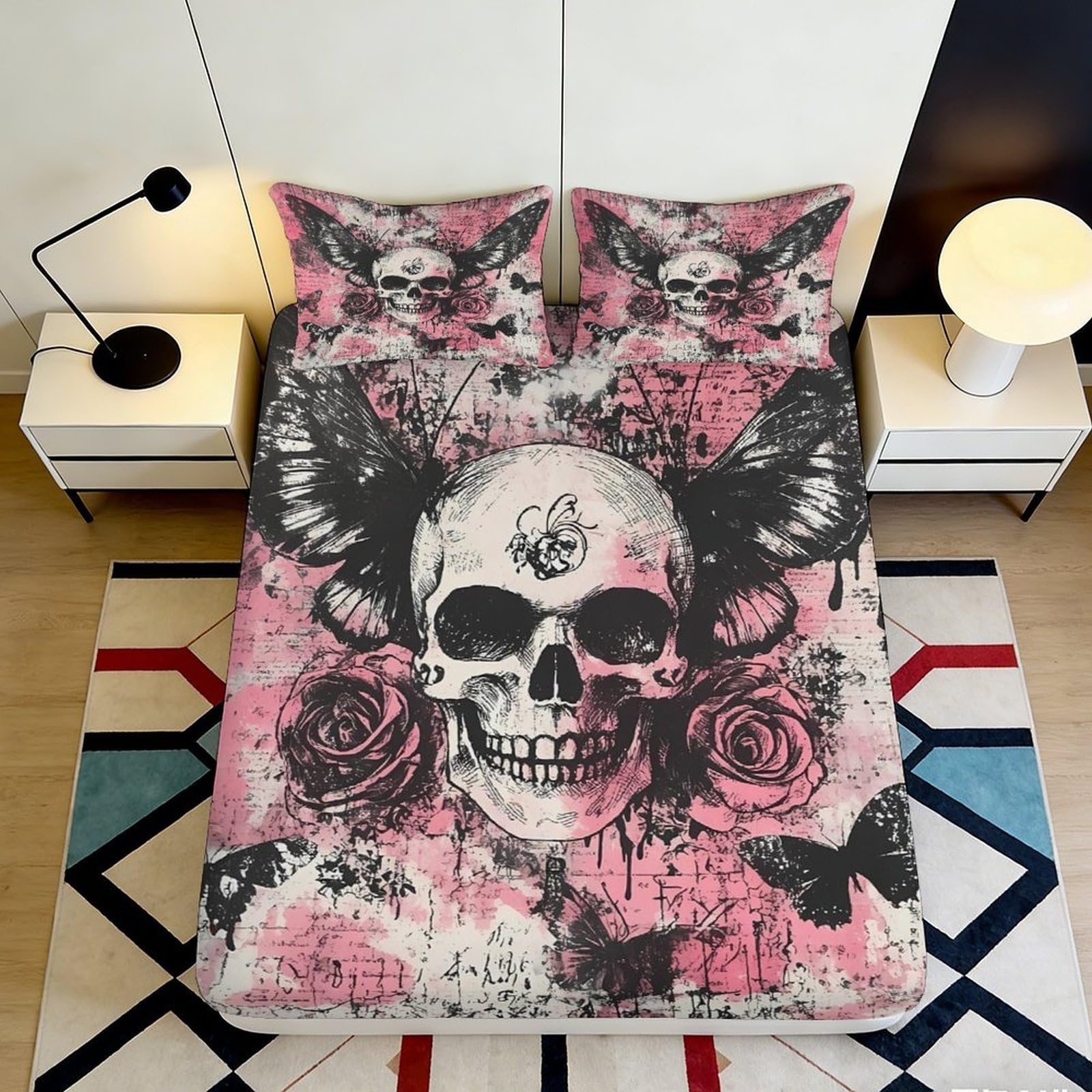 3D Printed Gothic Skull and Roses Fitted Sheet Microfiber Soft Breathable Butterfly Bed Cover for Bedroom Dormitory Guest Room Mattress Protection Decor 160x200x25cm