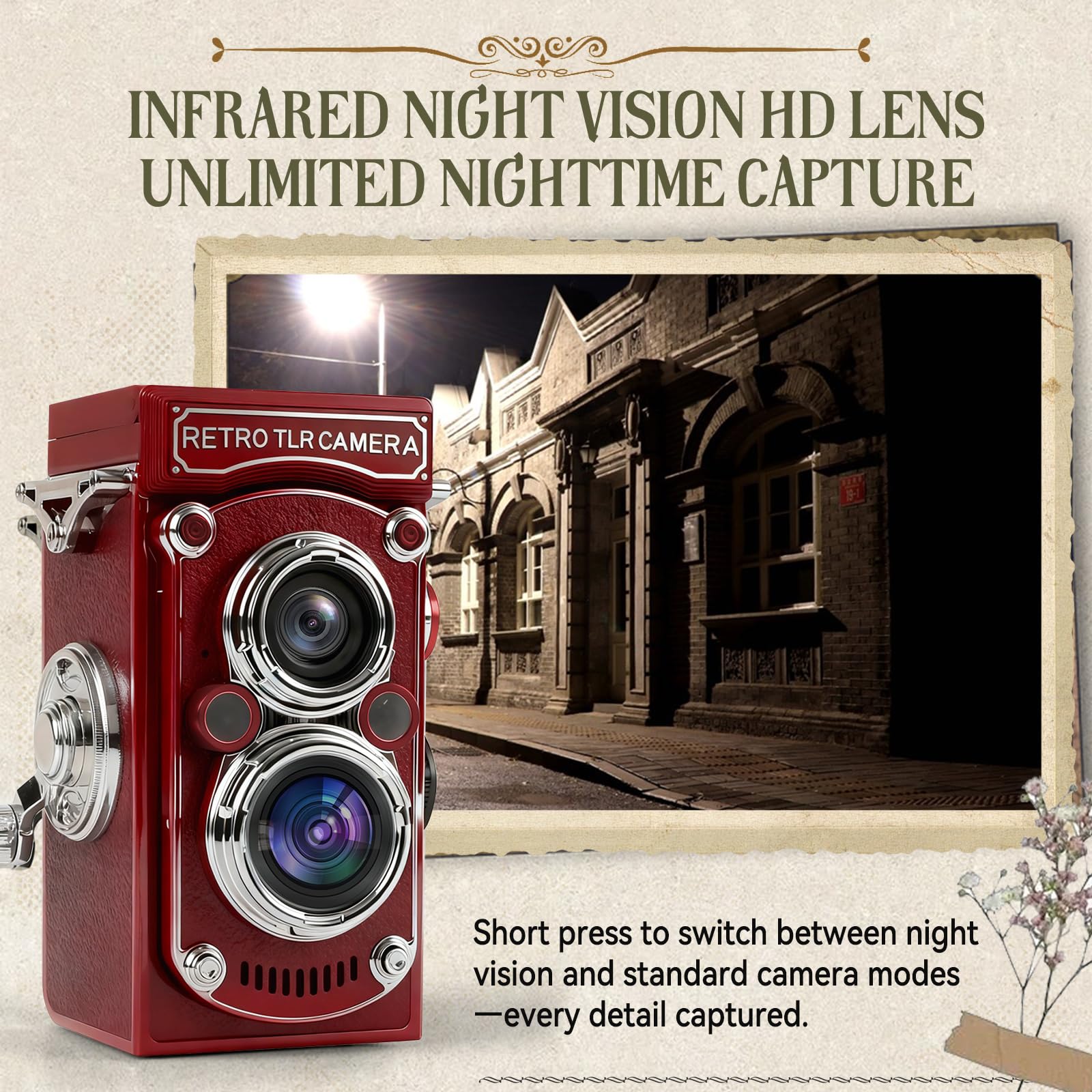 Mini appareil photo numérique rétro, résolution d'image 48 MP vintage à manivelle avec carte mémoire de 32 Go, écran de 1,54", vision nocturne 1080p, pour débutants, adultes et adolescents (rouge)