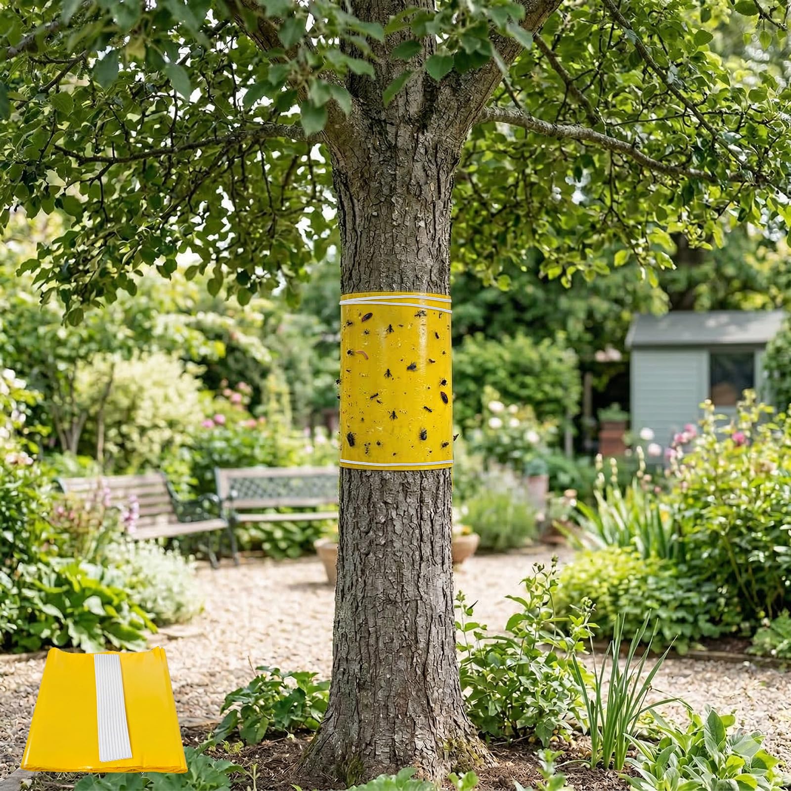 5 m cinta pegajosa para árboles, cinta adhesiva para insectos, cinta amarilla de doble cara para envolver troncos, 25 cm de ancho, recortable, con 40 alambres de sujeción de 23 cm (25 cm * 5 m)