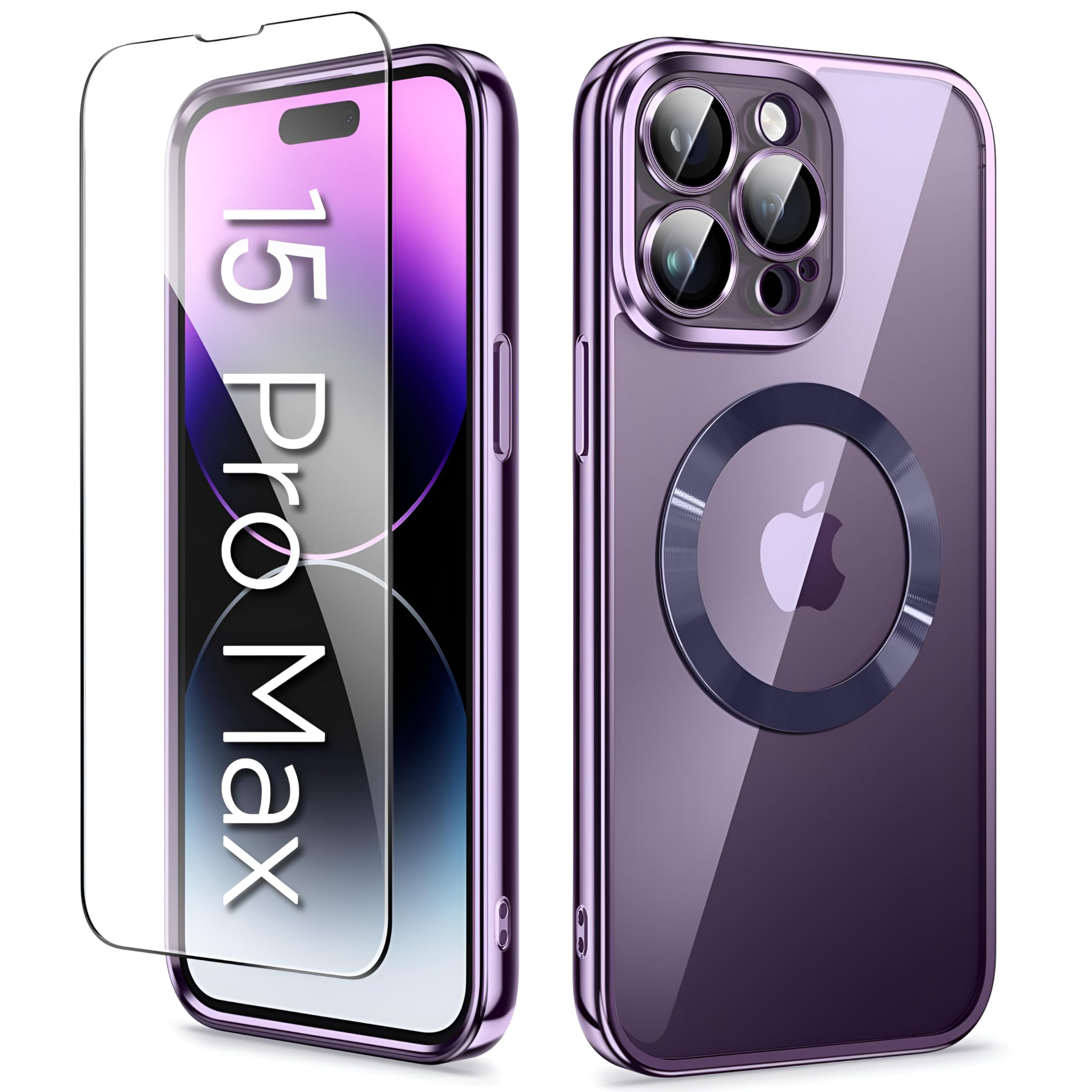 PRIMEZILLAMagnetic Case for iPhone 15 Pro Max Compatible with Mag-safe with 1Pcs iPhone 15 Pro Max Screen Protector [Camera Lens Protection] Shockproof iPhone 15 Pro Max Cover 6.7" (Purple)