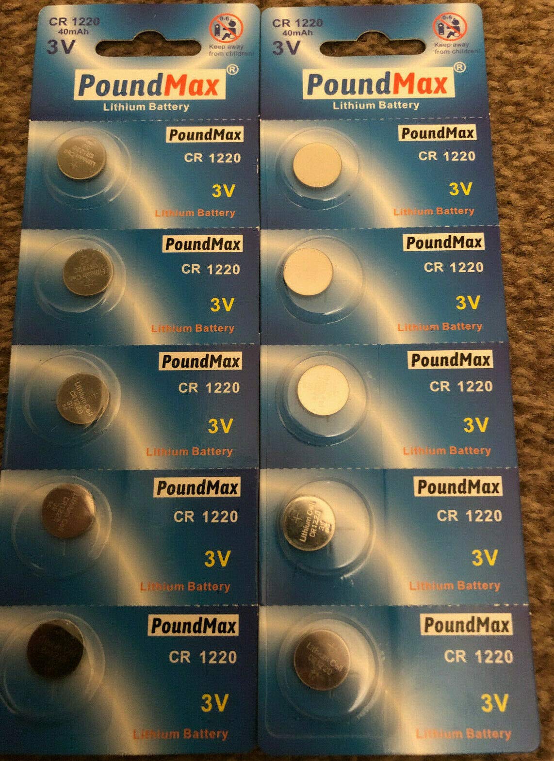 10 x PoundMax 1220 CR1220 DL1220 3V Lithium Coin Cell Batteries