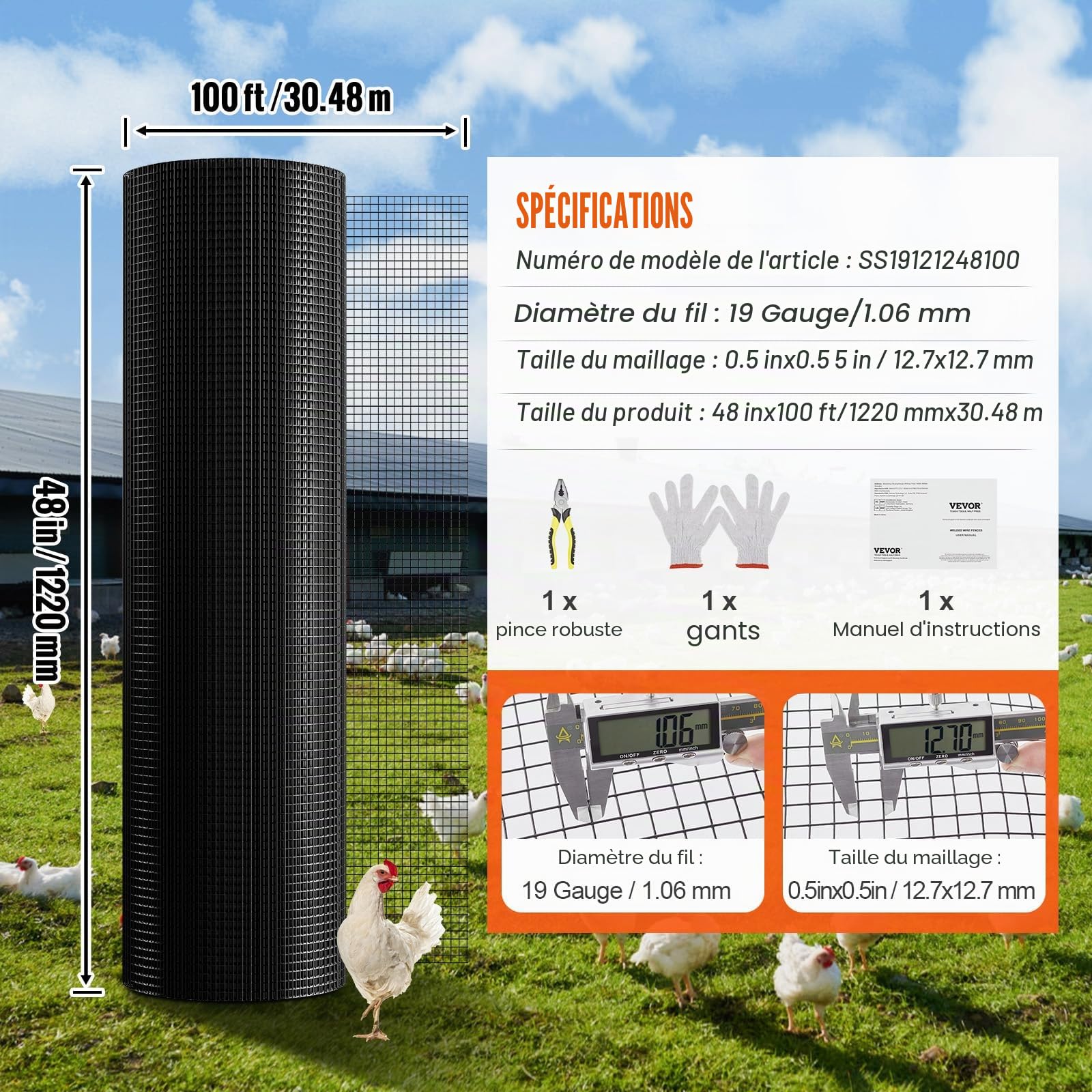 VEVOR Rouleau de grillage galvanisé 1,2x30 m grillage à poules 12,7x12,7mm Carré Galvanisé maille métallique à revêtement 1,06mm vinyle pour barrières de poulaillers enclos de volailles
