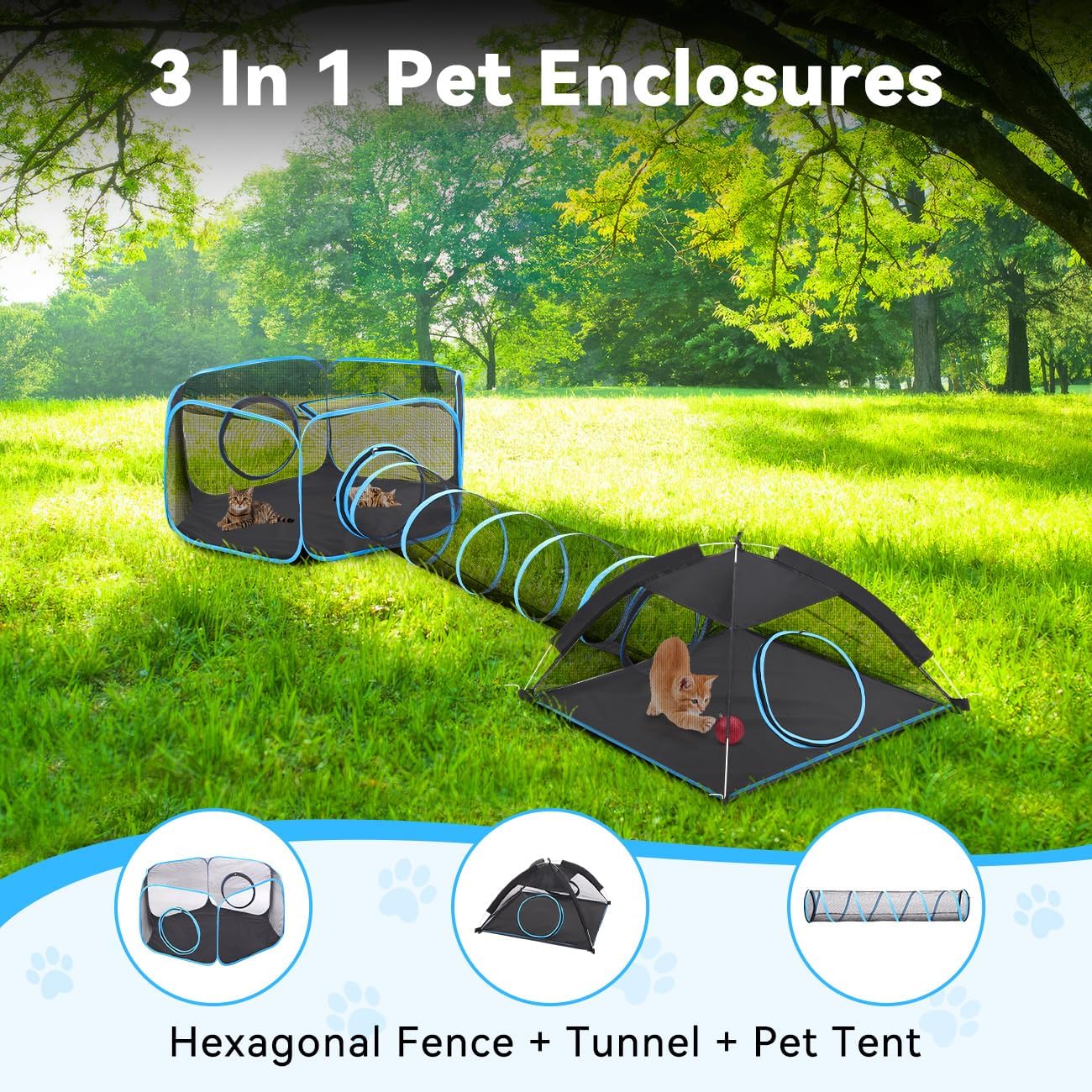 Pawaboo Tenda per Gatti con Tunnel, 3 in 1 Recinto per Gattis da Esterno con Tunnels, Recinzione per Animali Pieghevole e Portatile Box per Gatti, Include 1 Box+1 Tenda+1 Tunnel, Azzurro + Nero