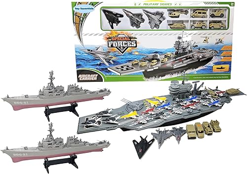 Miniatura 1 de Juguete portaaviones de 33 pulgadas con vehículos militares soldados (18 aviones de combate + 2 combo de barco de destructor)
